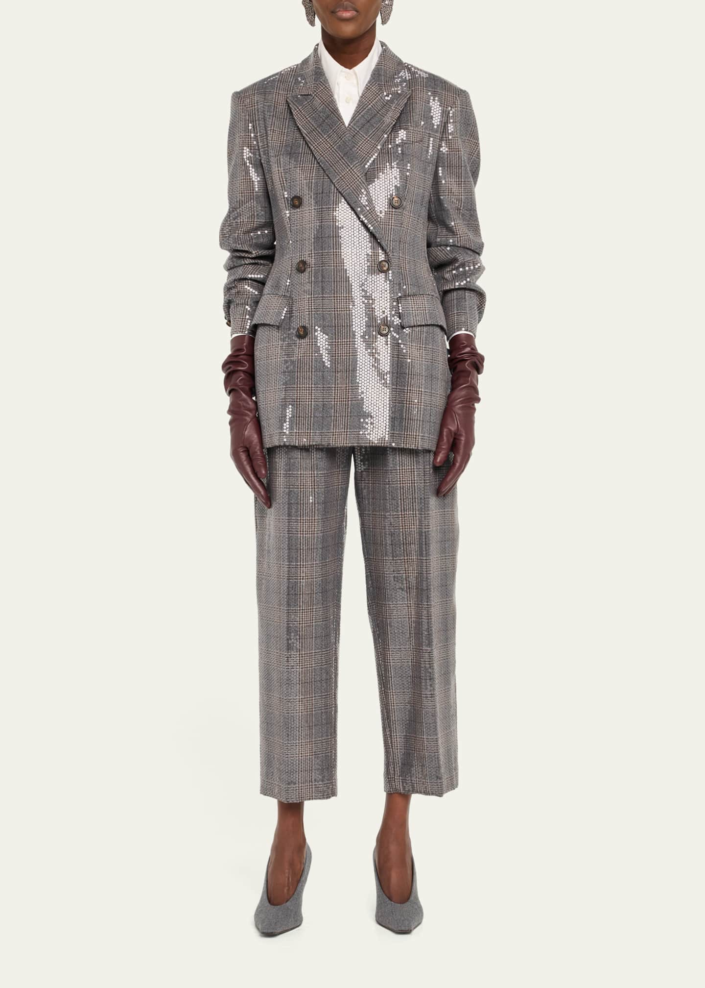 Brunello Cucinelli Glam Check Sequined Pleated Crop Trousers Image 2 of 4