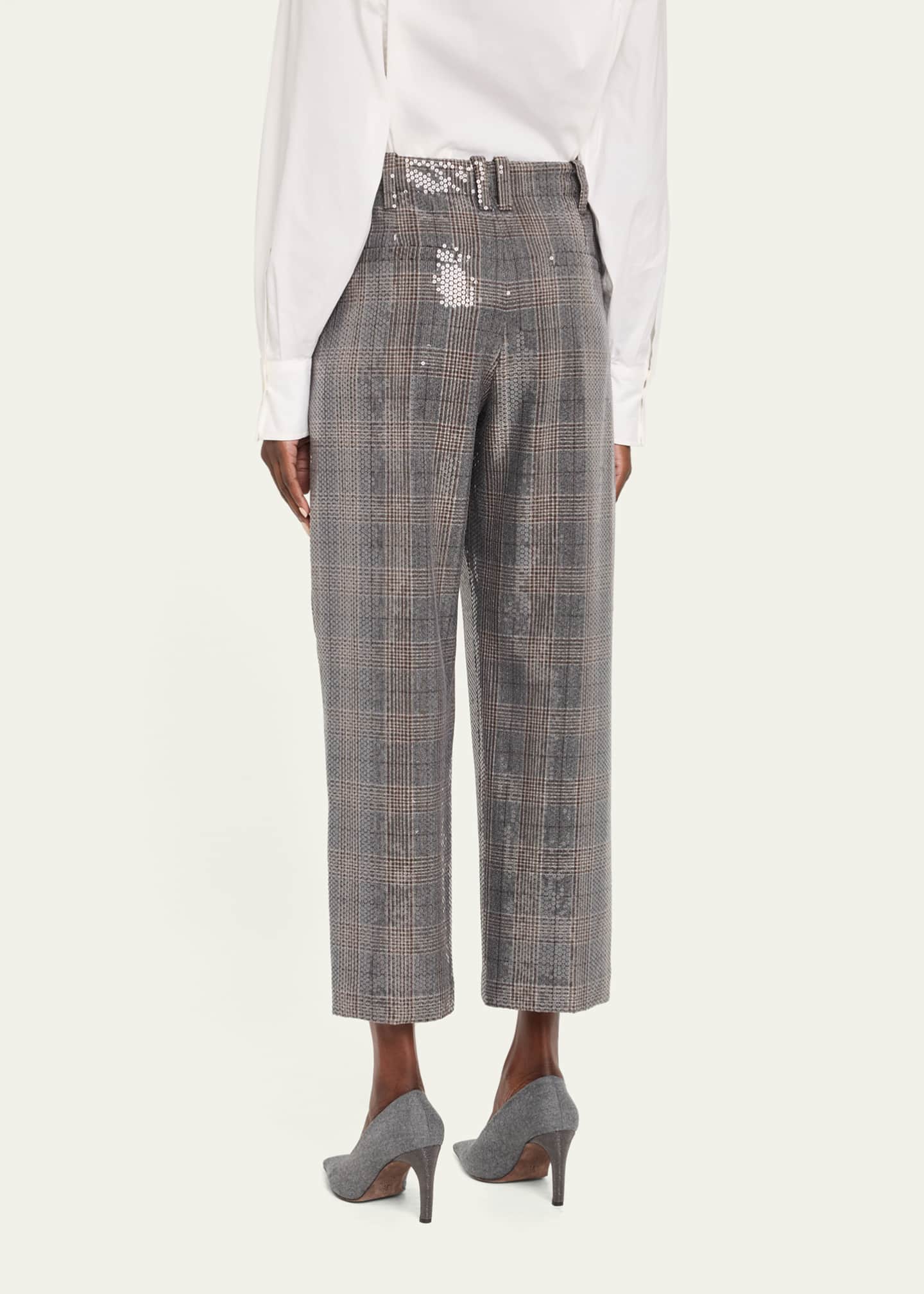 Brunello Cucinelli Glam Check Sequined Pleated Crop Trousers Image 3 of 4