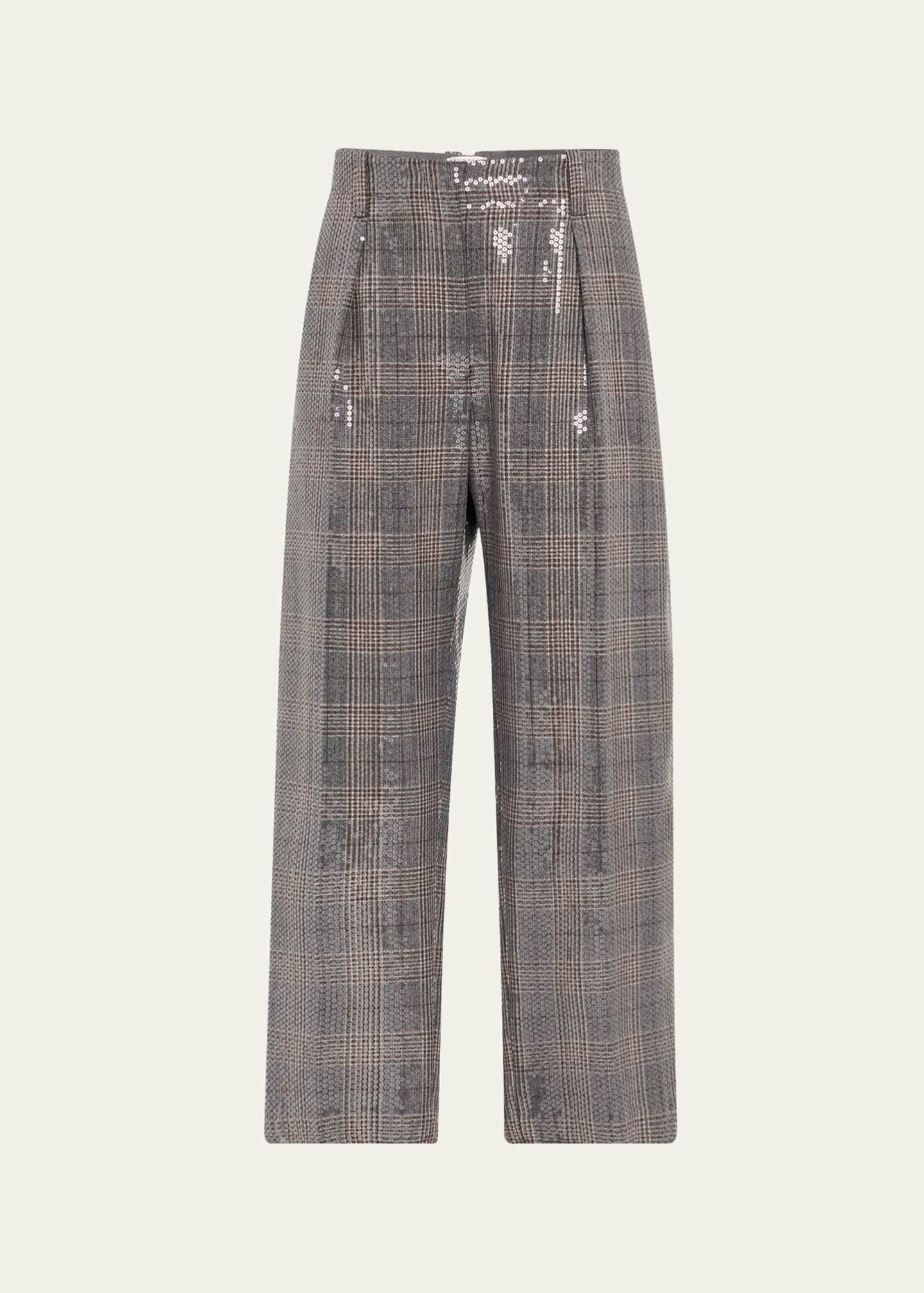 Brunello Cucinelli Glam Check Sequined Pleated Crop Trousers Image 1 of 4