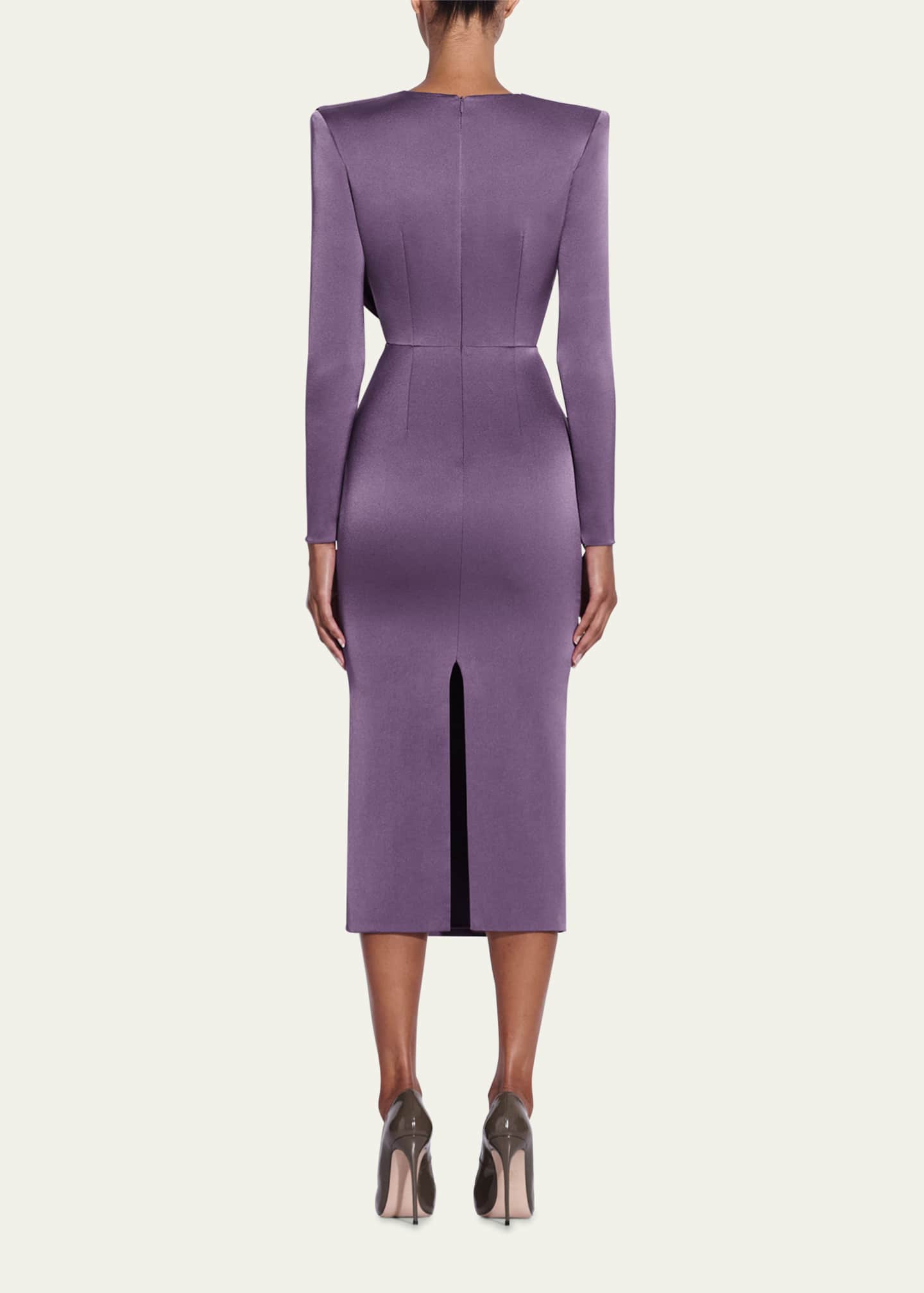 Long Sleeve Cowl Drape Dress in Satin Crepe 10 / Grape