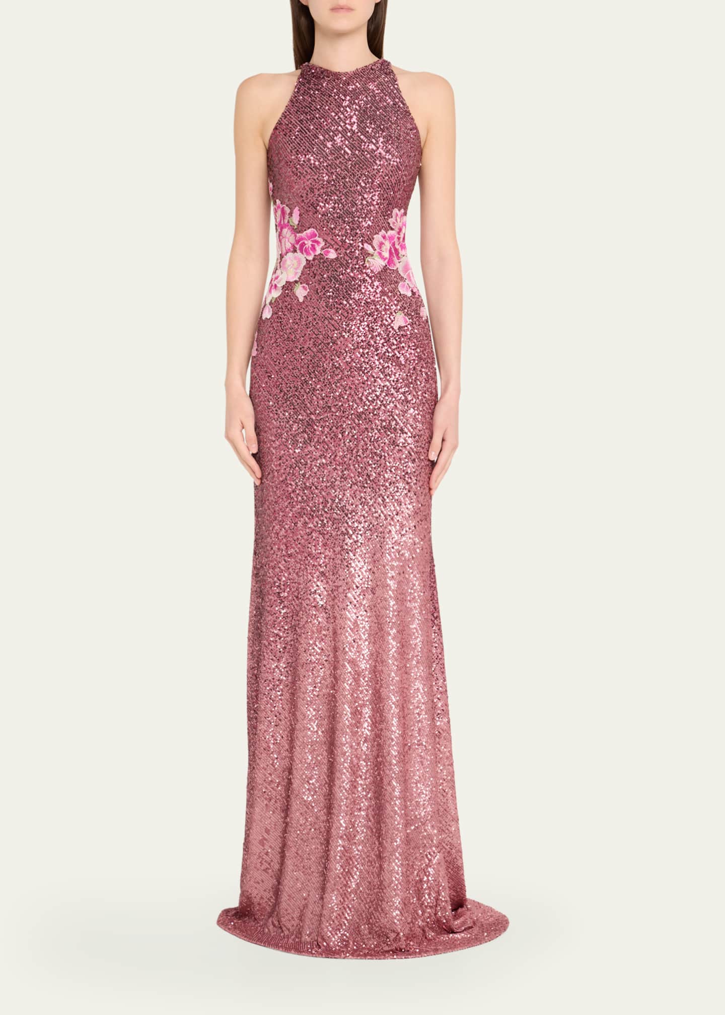 Naeem Khan Floral Embroidered Ombre Sequin Halter Gown Image 2 of 5