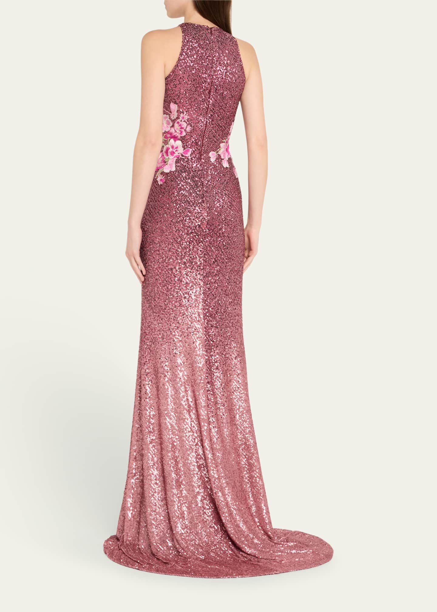 Naeem Khan Floral Embroidered Ombre Sequin Halter Gown Image 3 of 5