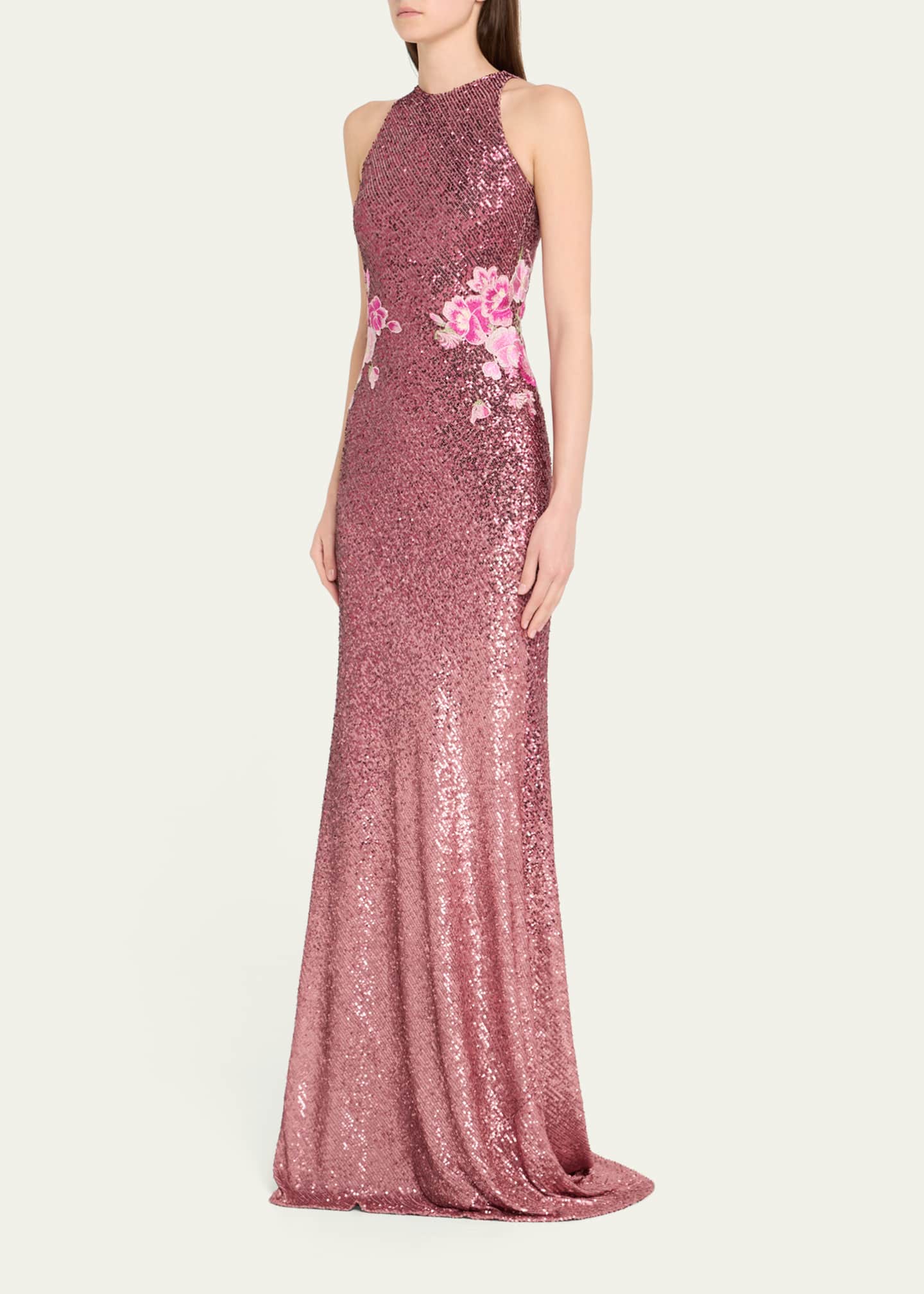 Naeem Khan Floral Embroidered Ombre Sequin Halter Gown Image 4 of 5