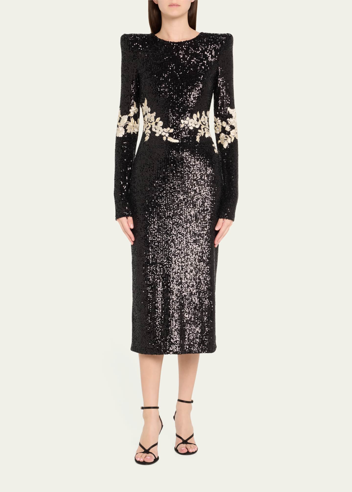 Naeem Khan Floral Applique Stretch Sequined Strong-Shoulder Midi Dress Image 2 of 5
