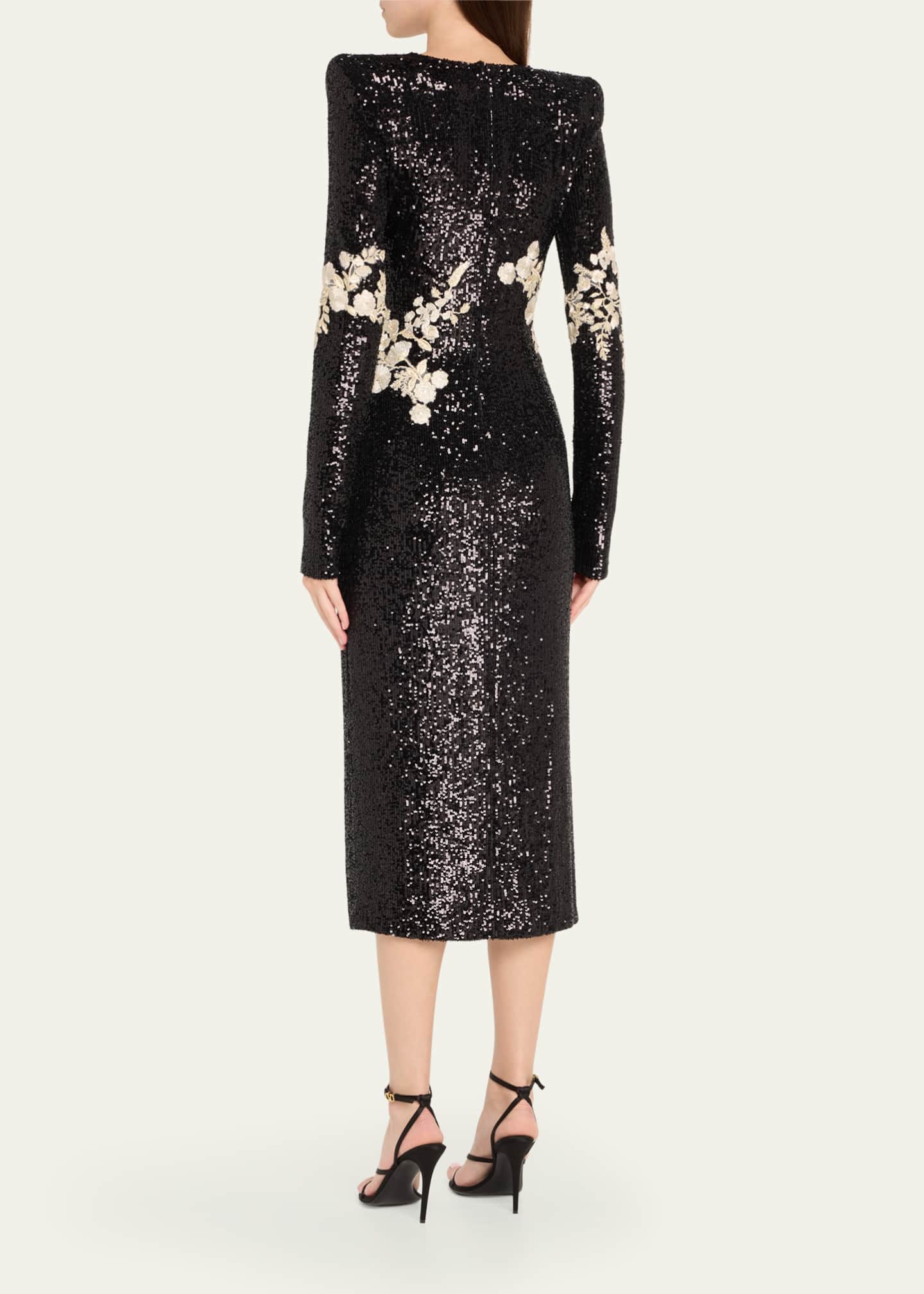 Naeem Khan Floral Applique Stretch Sequined Strong-Shoulder Midi Dress Image 3 of 5
