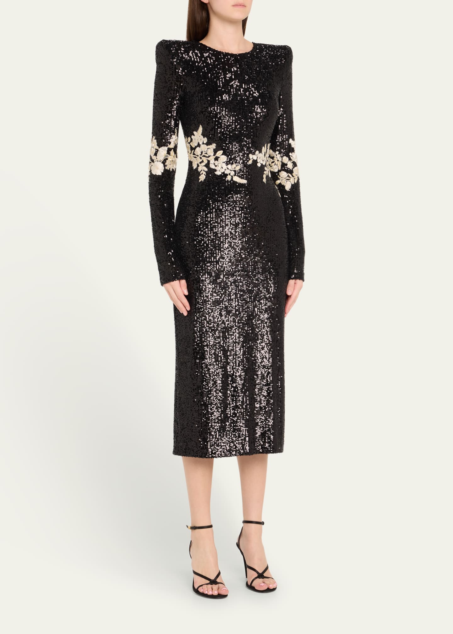 Naeem Khan Floral Applique Stretch Sequined Strong-Shoulder Midi Dress Image 4 of 5