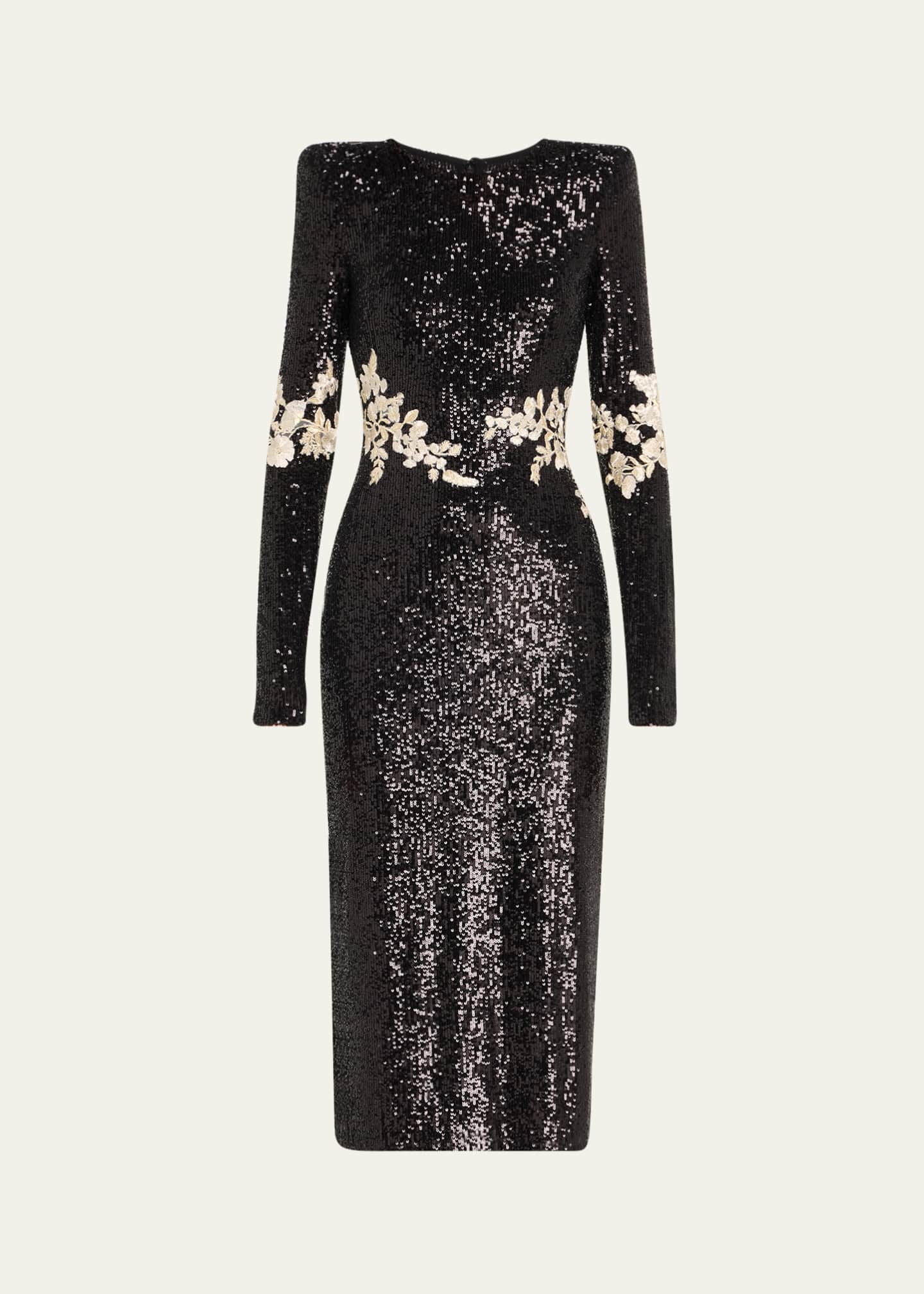 Naeem Khan Floral Applique Stretch Sequined Strong-Shoulder Midi Dress Image 1 of 5