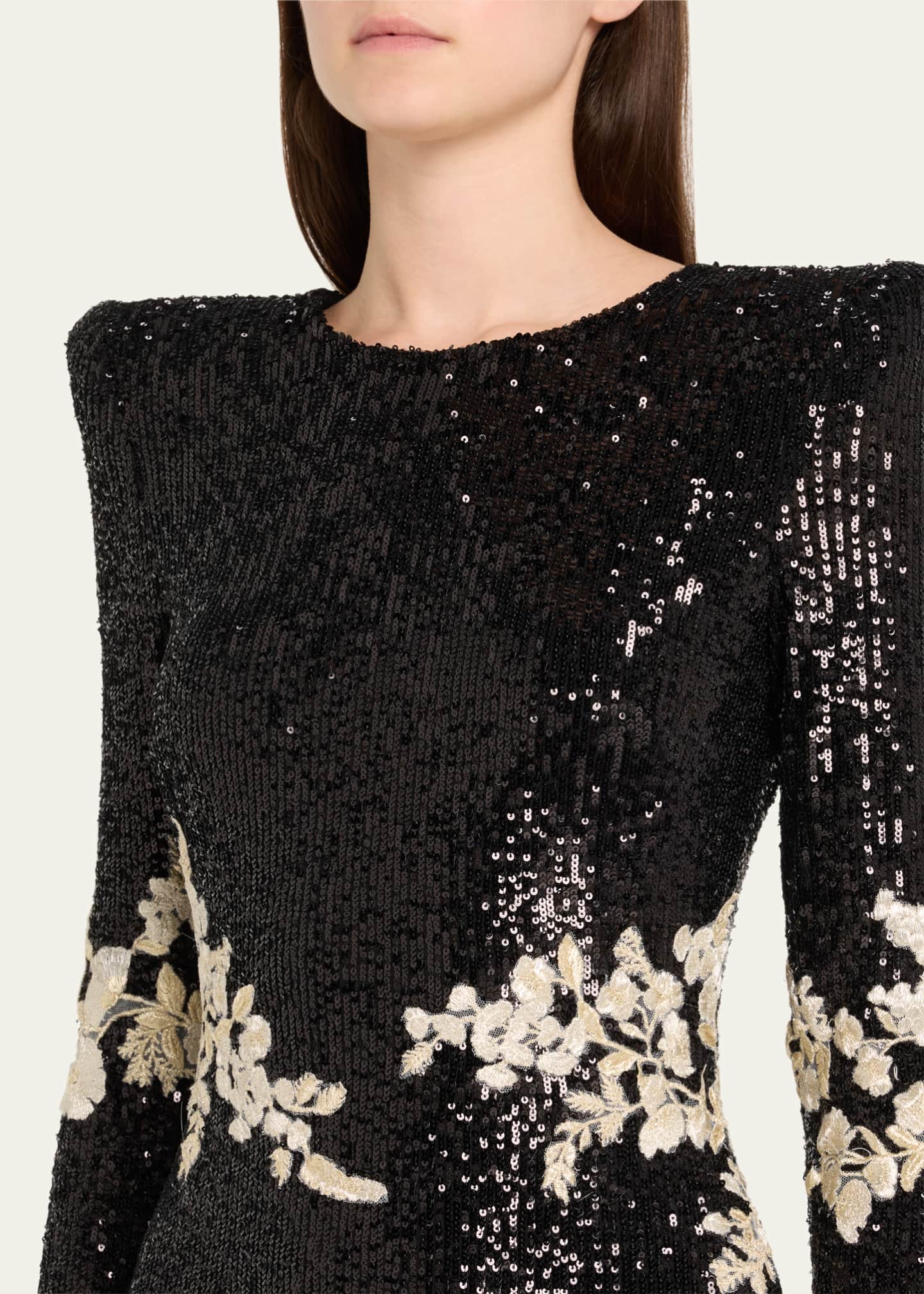 Naeem Khan Floral Applique Stretch Sequined Strong-Shoulder Midi Dress Image 5 of 5