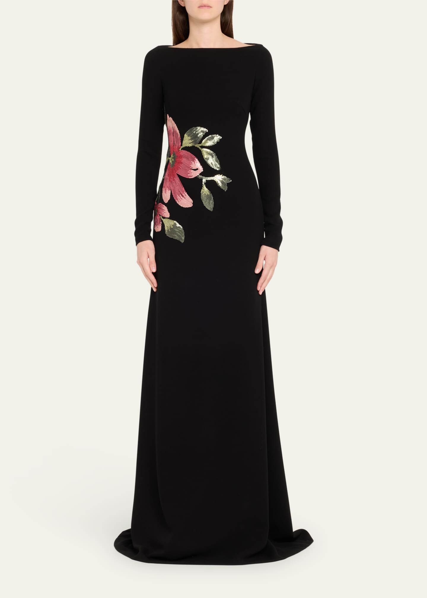Naeem Khan Floral Beaded Crepe Long-Sleeve Trumpet Gown Image 2 of 5