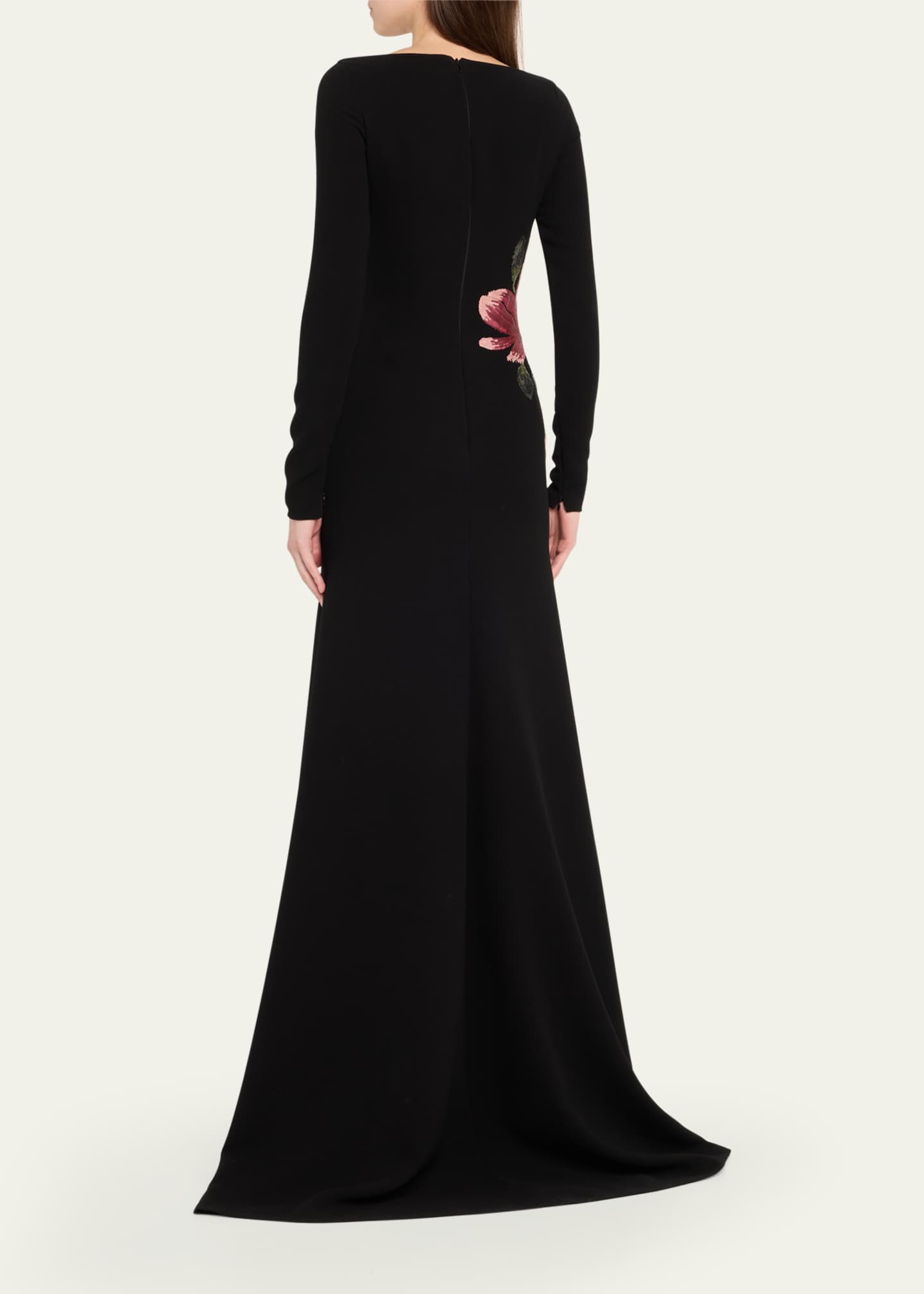 Naeem Khan Floral Beaded Crepe Long-Sleeve Trumpet Gown Image 3 of 5
