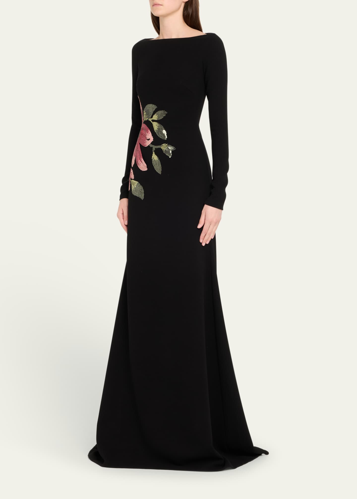 Naeem Khan Floral Beaded Crepe Long-Sleeve Trumpet Gown Image 4 of 5