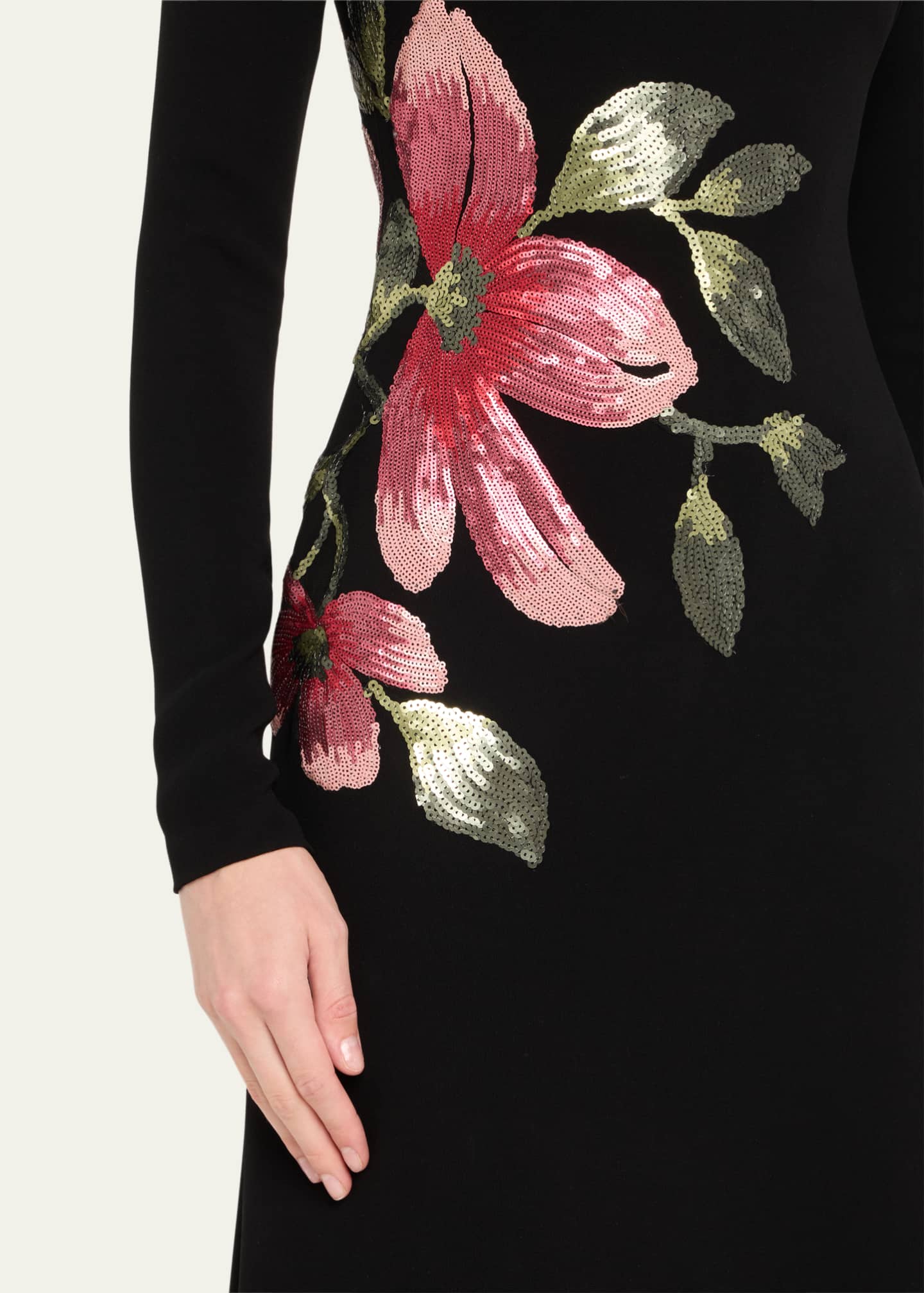 Naeem Khan Floral Beaded Crepe Long-Sleeve Trumpet Gown Image 5 of 5