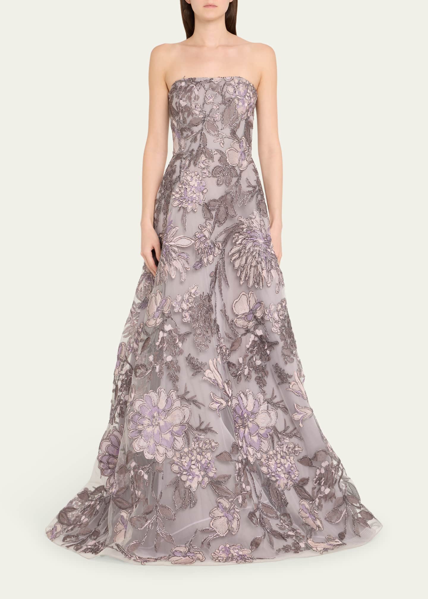 Naeem Khan Strapless Floral Raffia Embroidered Gown Image 2 of 5