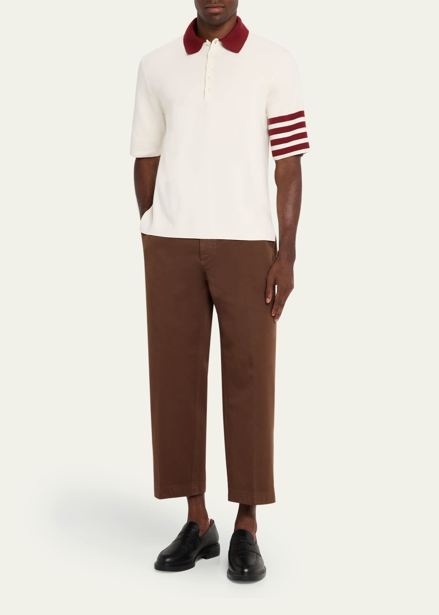 Thom Browne Men's Ecru Cotton Stripe-Sleeve Polo Shirt Image 2 of 5