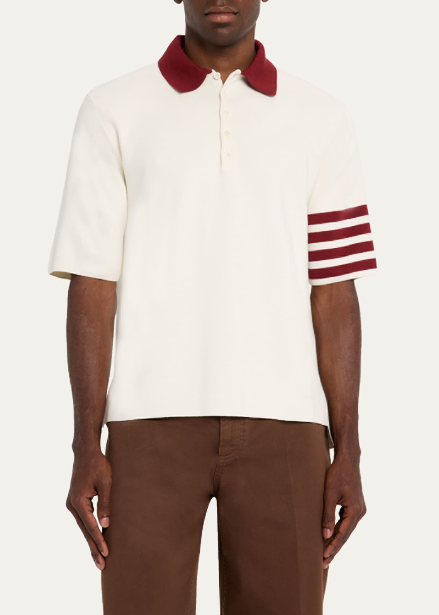 Thom Browne Men's Ecru Cotton Stripe-Sleeve Polo Shirt Image 4 of 5