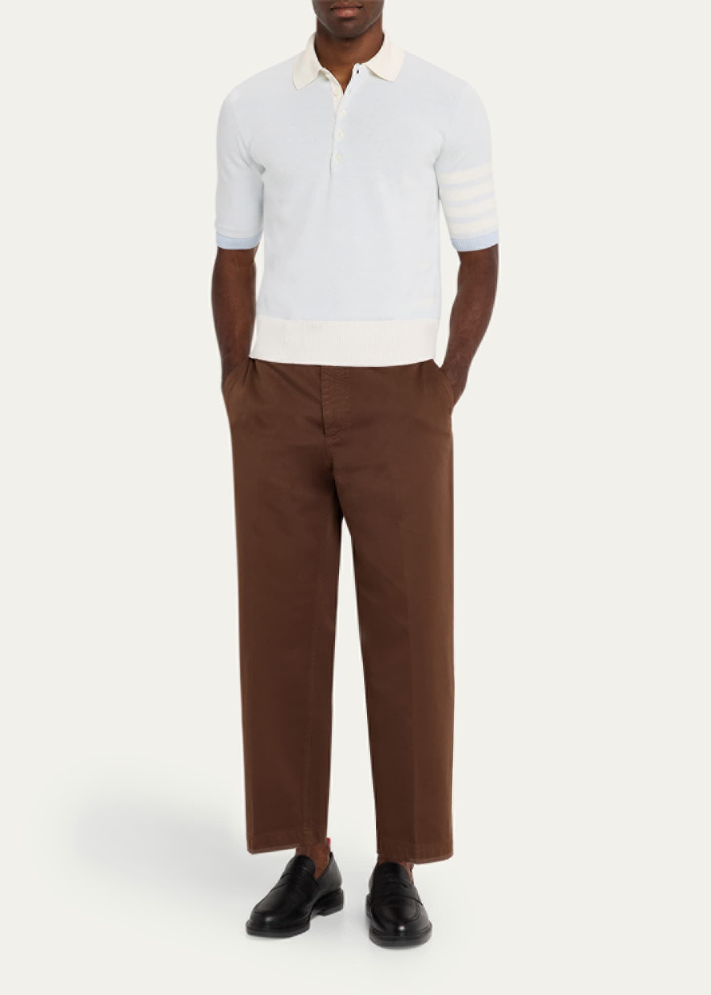 Thom Browne Men's Linen and Cotton Stripe-Sleeve Polo Shirt Image 2 of 5