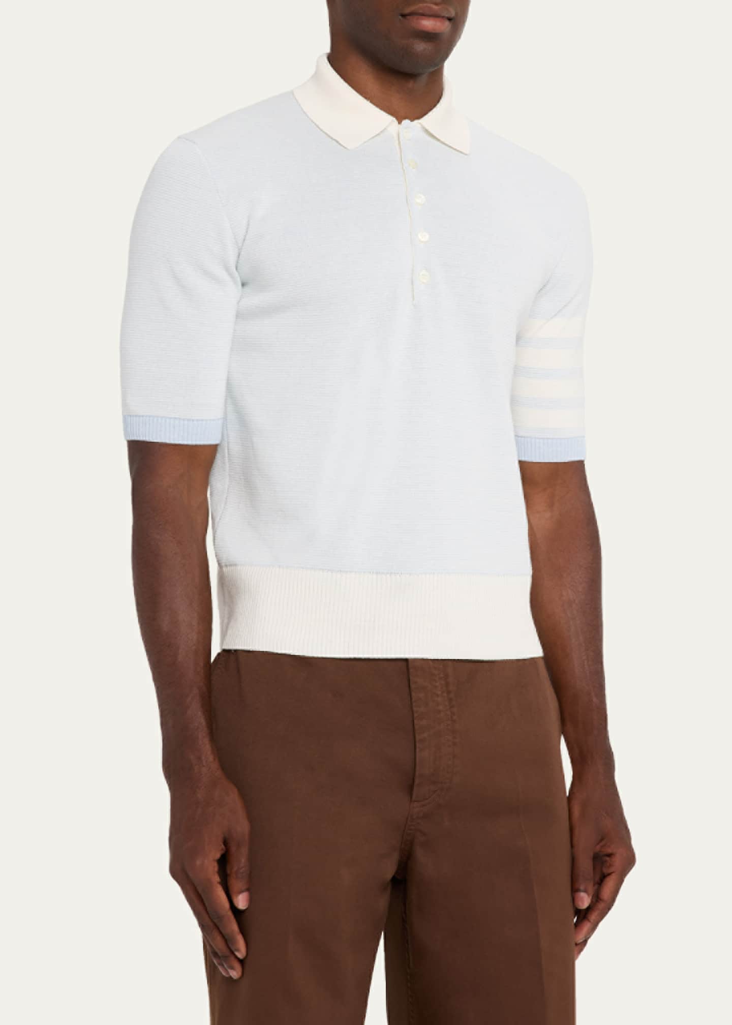 Thom Browne Men's Linen and Cotton Stripe-Sleeve Polo Shirt Image 4 of 5
