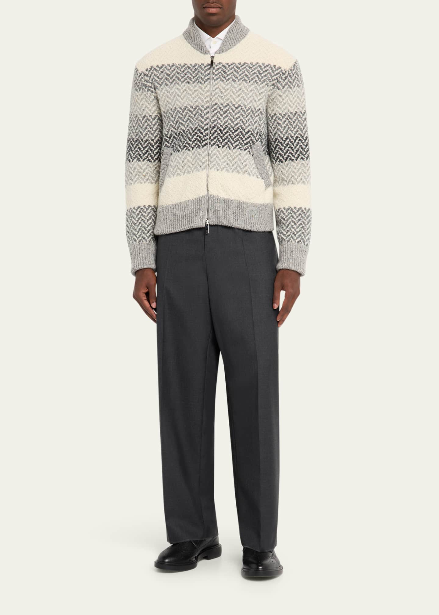 Thom Browne Men's Donegal Herringbone Stripe Full-Zip Sweater Image 2 of 5