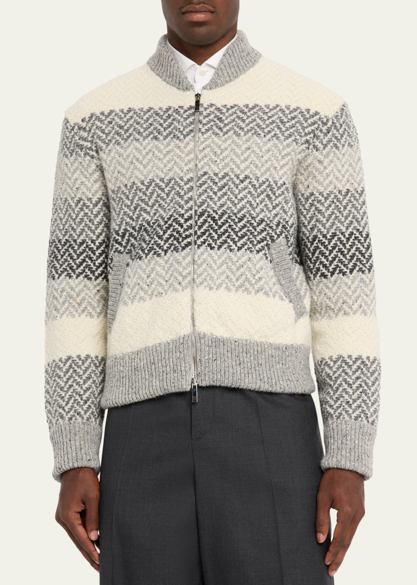 Thom Browne Men's Donegal Herringbone Stripe Full-Zip Sweater Image 4 of 5