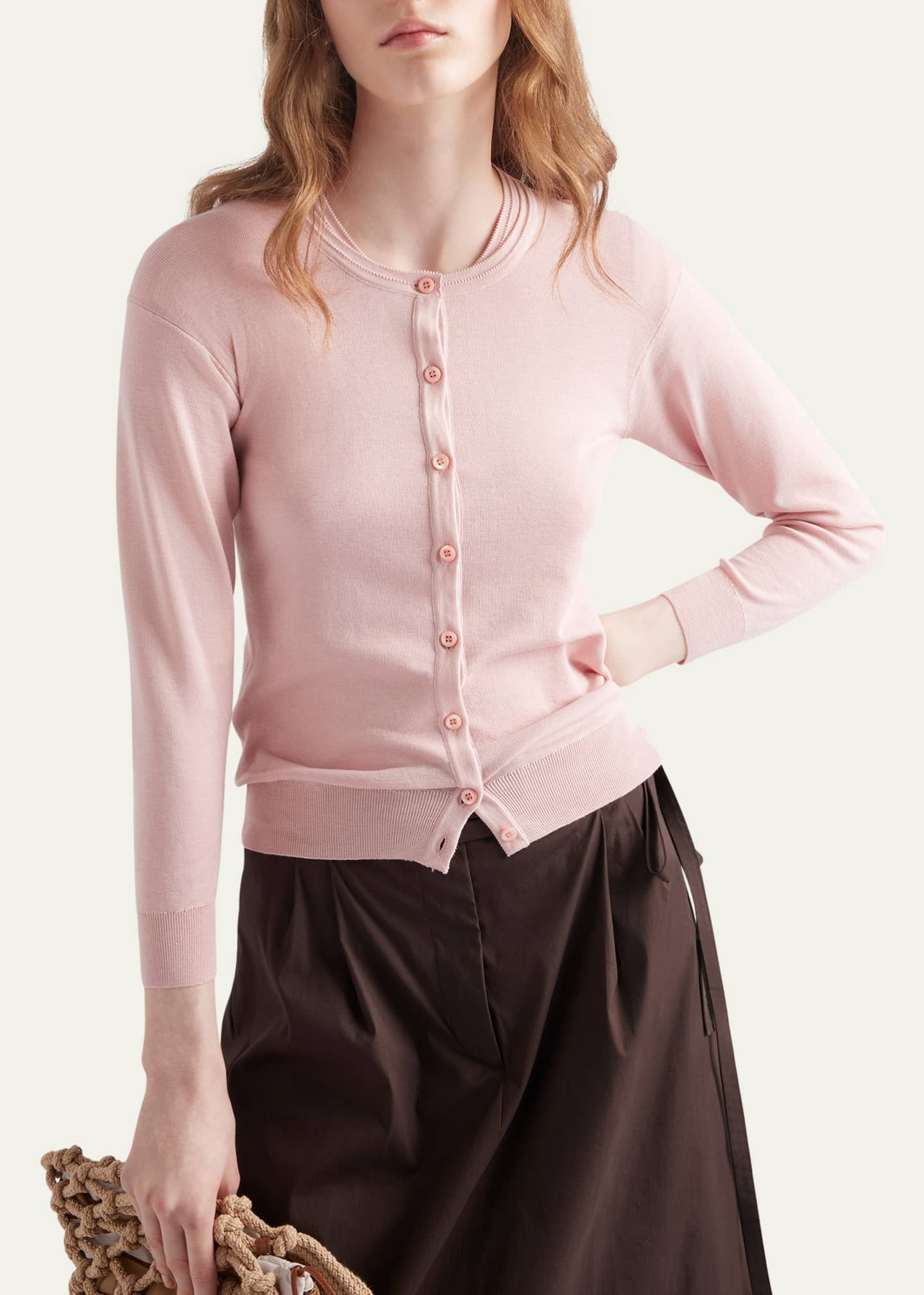 Prada Silk-Cotton Double Crewneck Cardigan Image 4 of 4