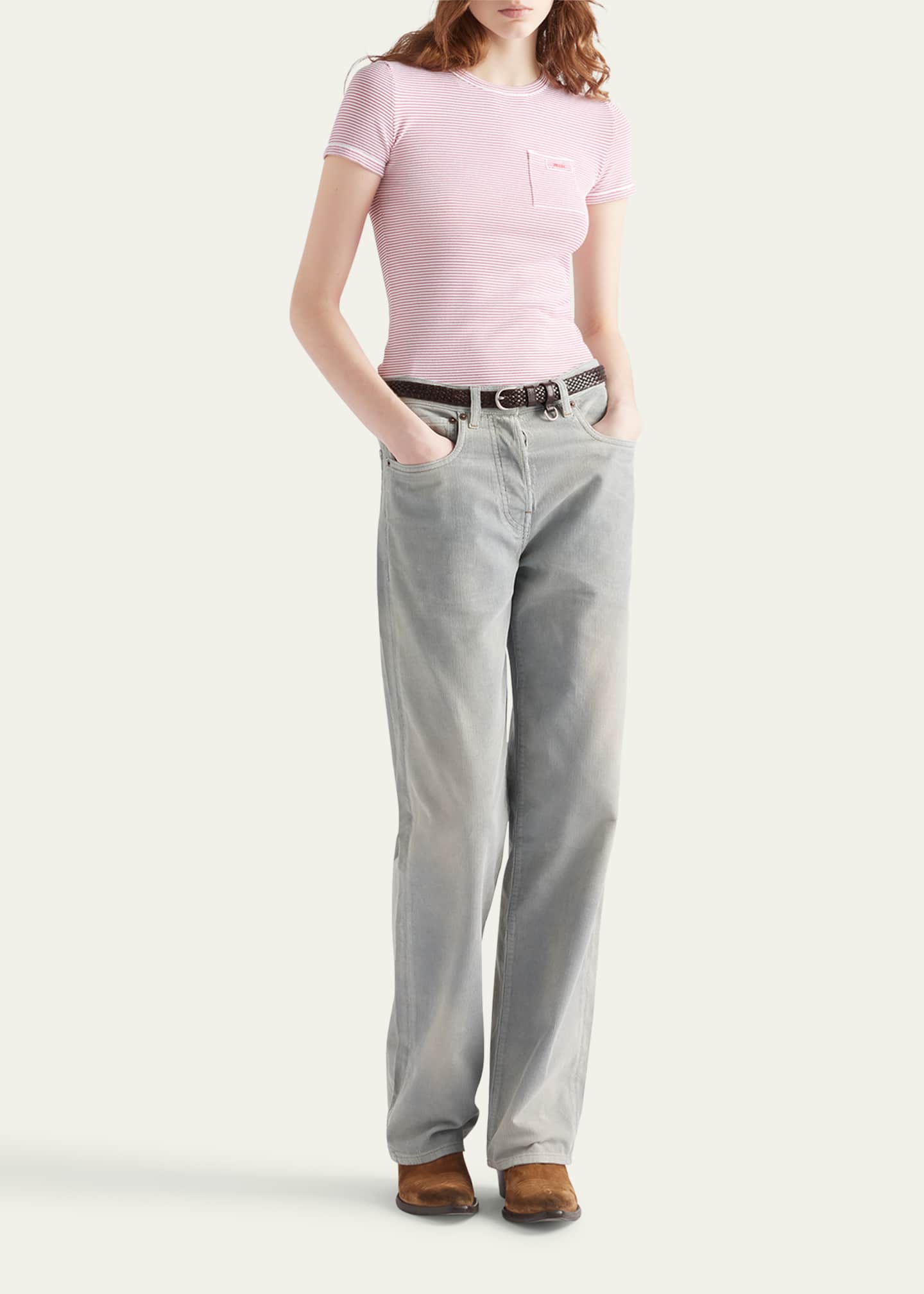 Prada Striped Pocket Short-Sleeve Viscose Sweater Image 2 of 4