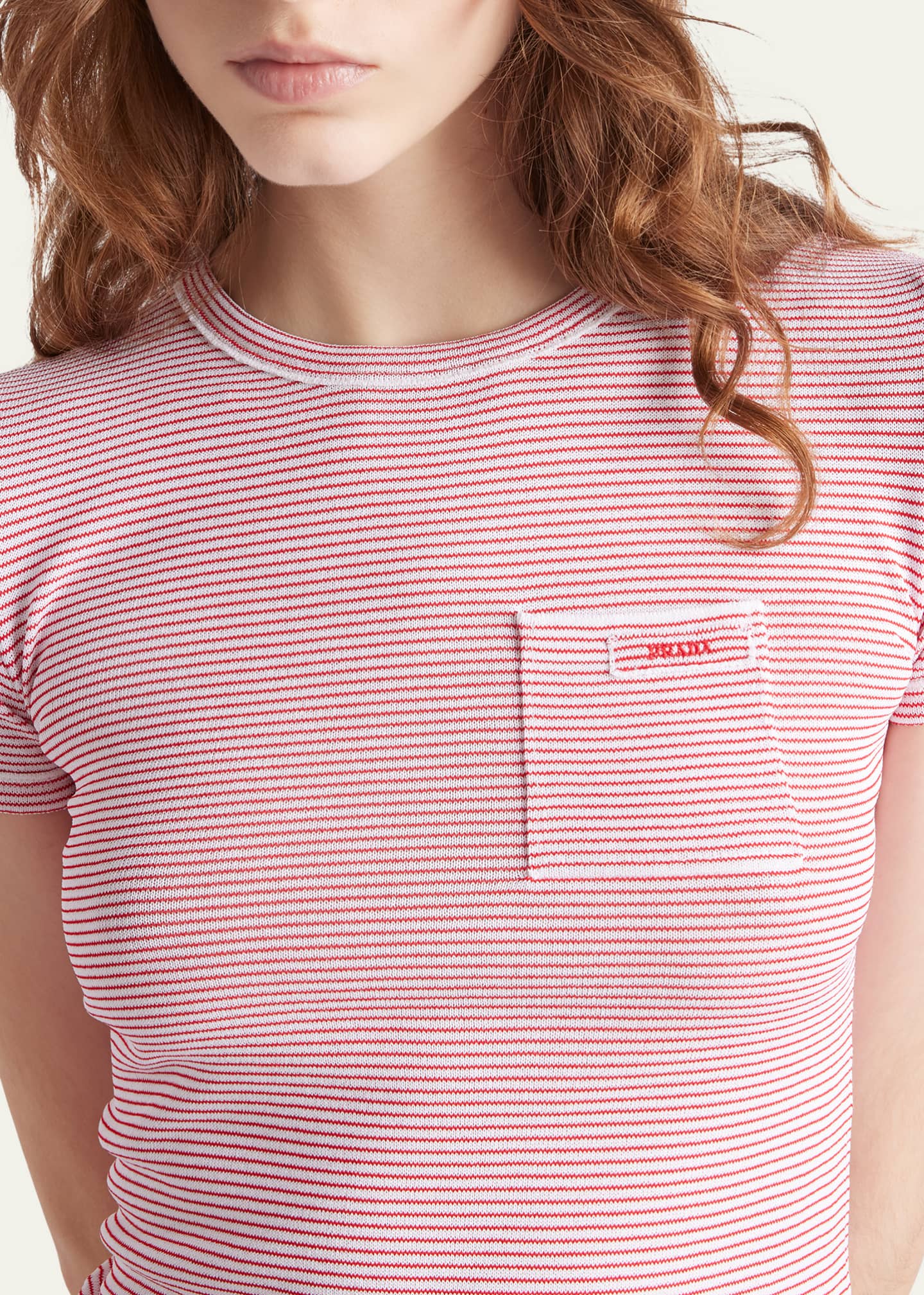 Prada Striped Pocket Short-Sleeve Viscose Sweater Image 4 of 4