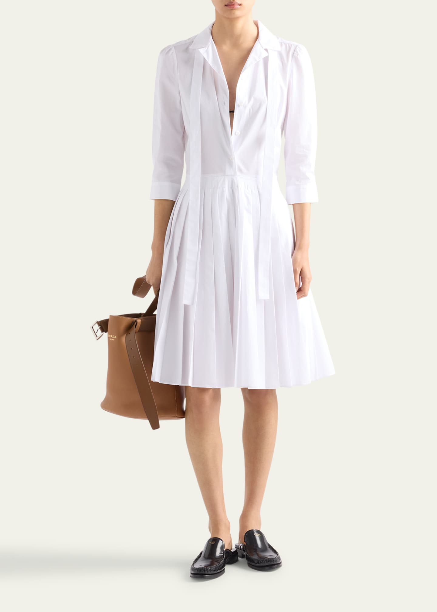 Prada Pleated Popeline Neck-Tie Shirtdress Image 2 of 3
