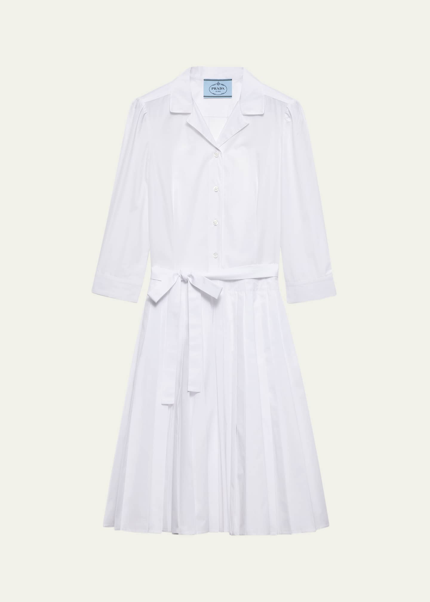 Prada Pleated Popeline Neck-Tie Shirtdress Image 1 of 3