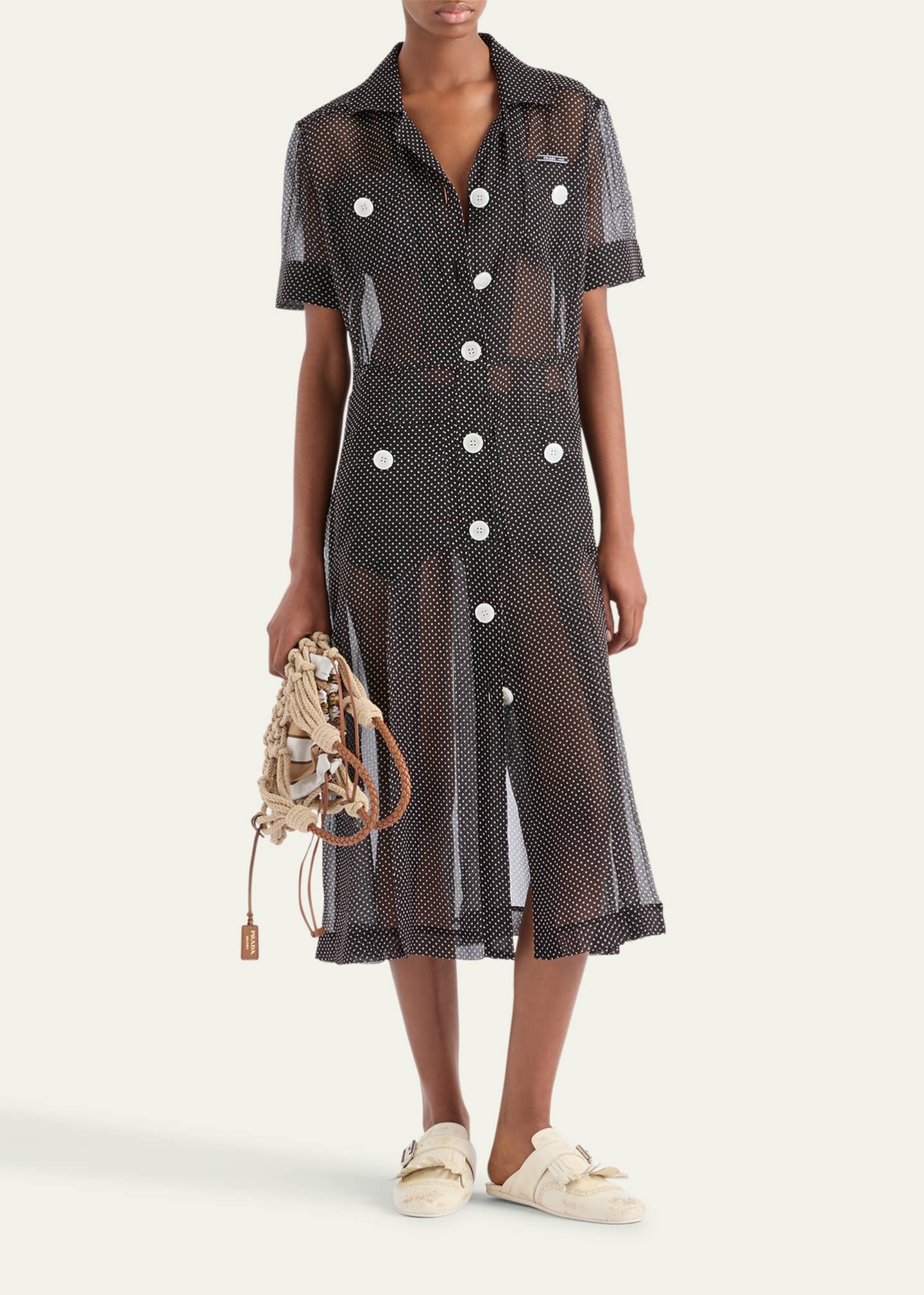 Prada Polka-Dot Chiffon Short-Sleeve Midi Shirtdress Image 2 of 4