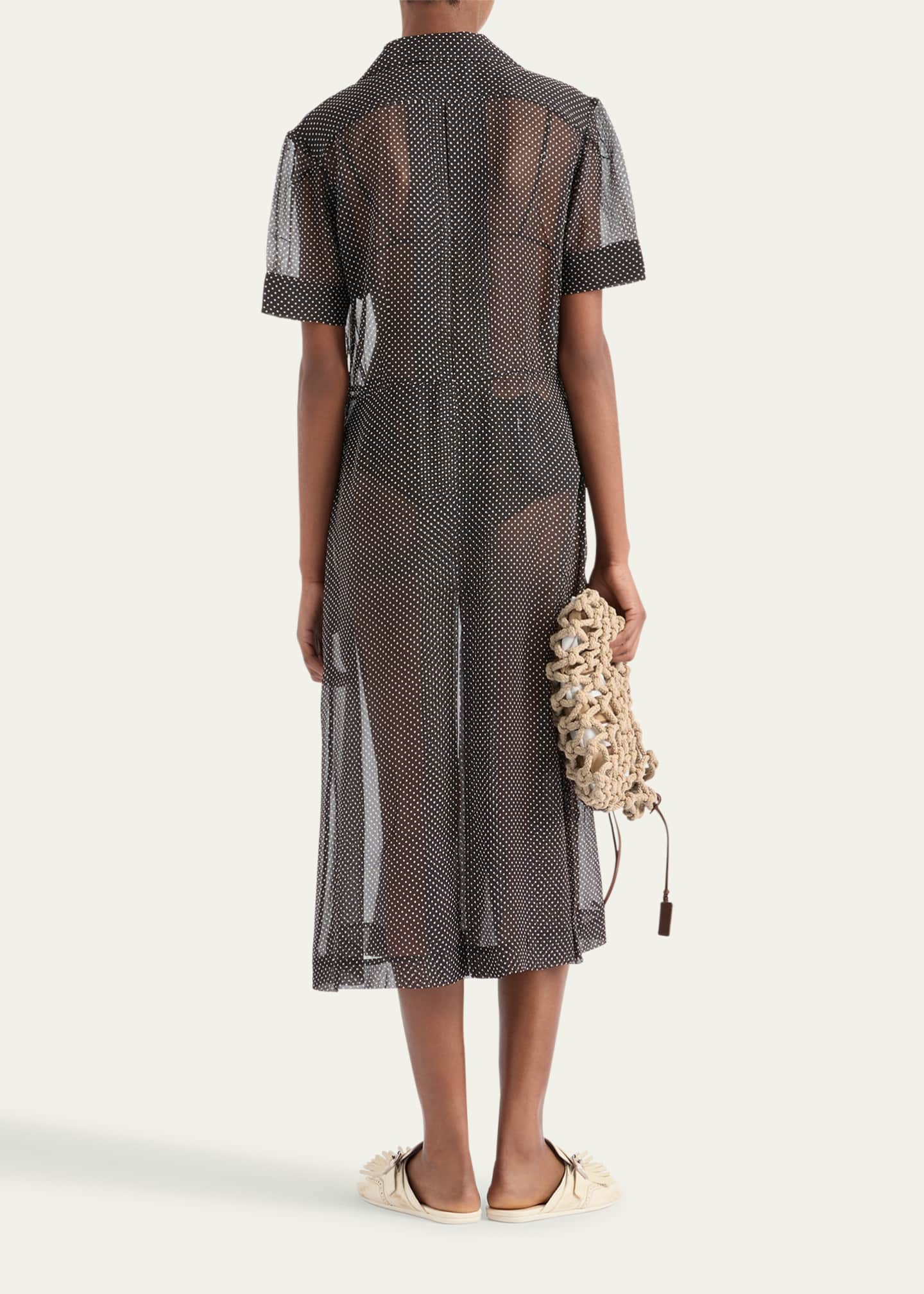 Prada Polka-Dot Chiffon Short-Sleeve Midi Shirtdress Image 3 of 4