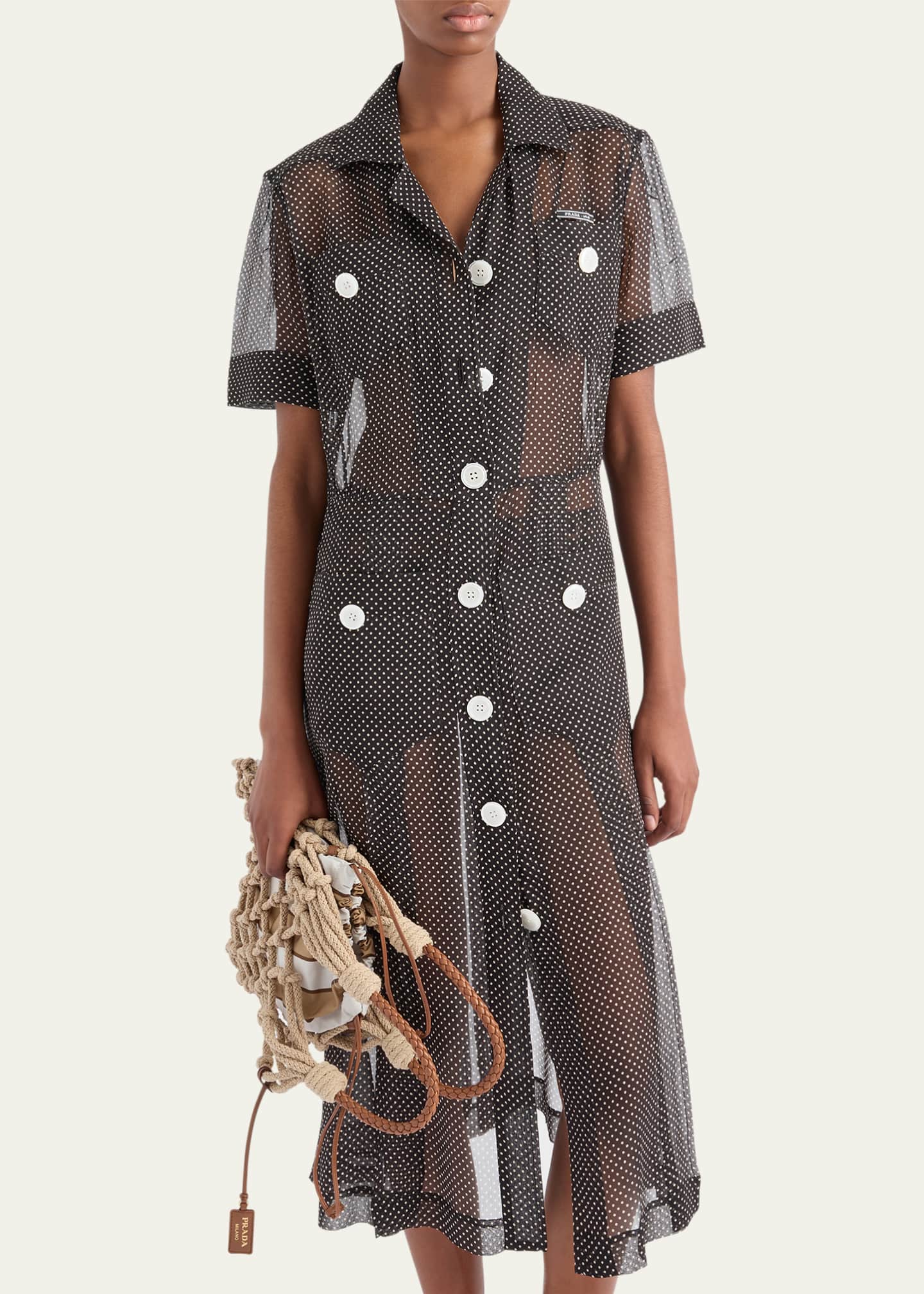 Prada Polka-Dot Chiffon Short-Sleeve Midi Shirtdress Image 4 of 4
