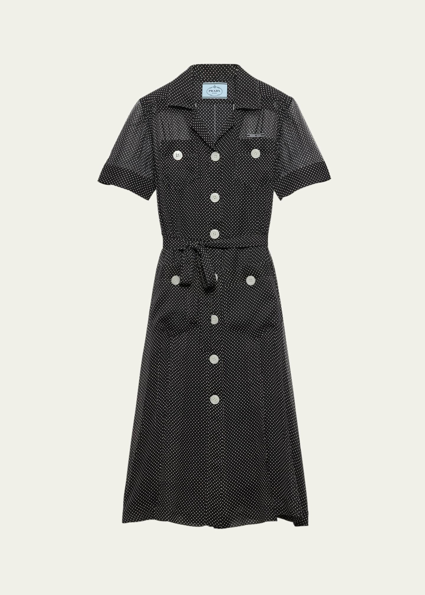 Prada Polka-Dot Chiffon Short-Sleeve Midi Shirtdress Image 1 of 4