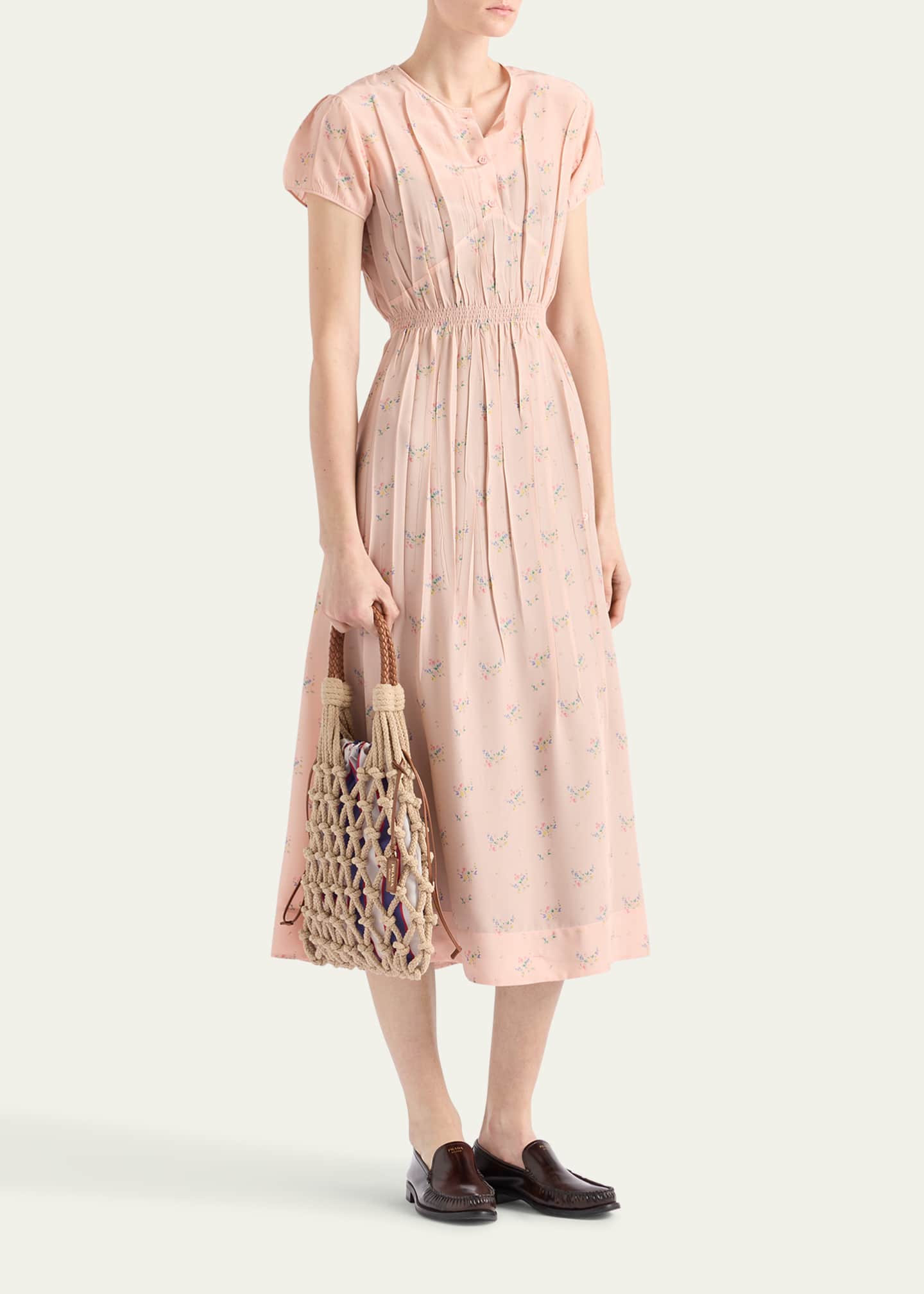 Prada Flower-Print Silk Ponge Short-Sleeve Midi Dress Image 2 of 4