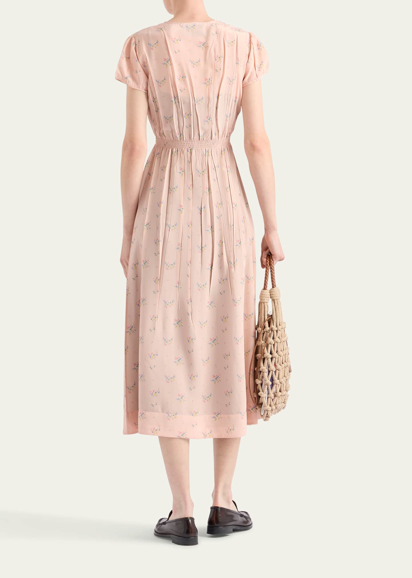 Prada Flower-Print Silk Ponge Short-Sleeve Midi Dress Image 3 of 4