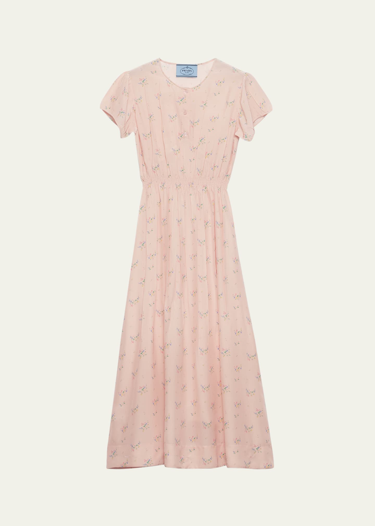 Prada Flower-Print Silk Ponge Short-Sleeve Midi Dress Image 1 of 4