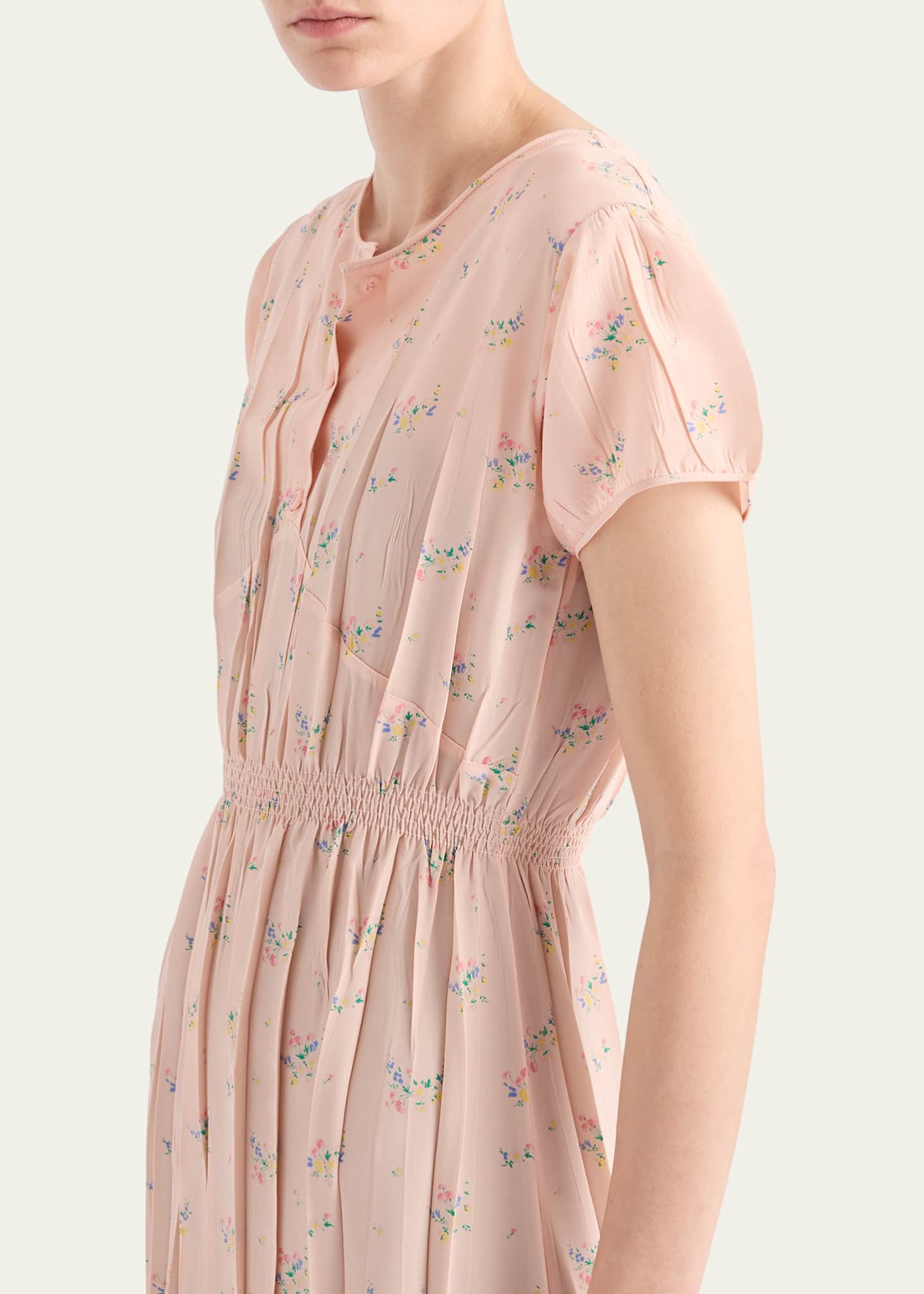 Prada Flower-Print Silk Ponge Short-Sleeve Midi Dress Image 4 of 4