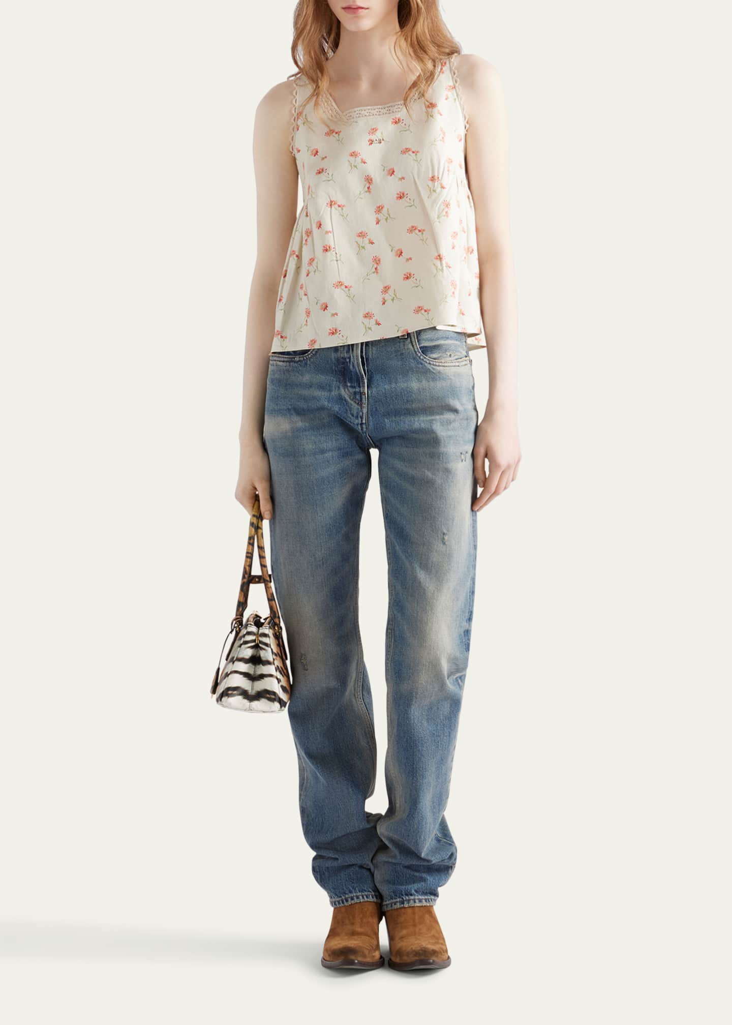 Lino Flower-Print Sleeveless Babydoll Top