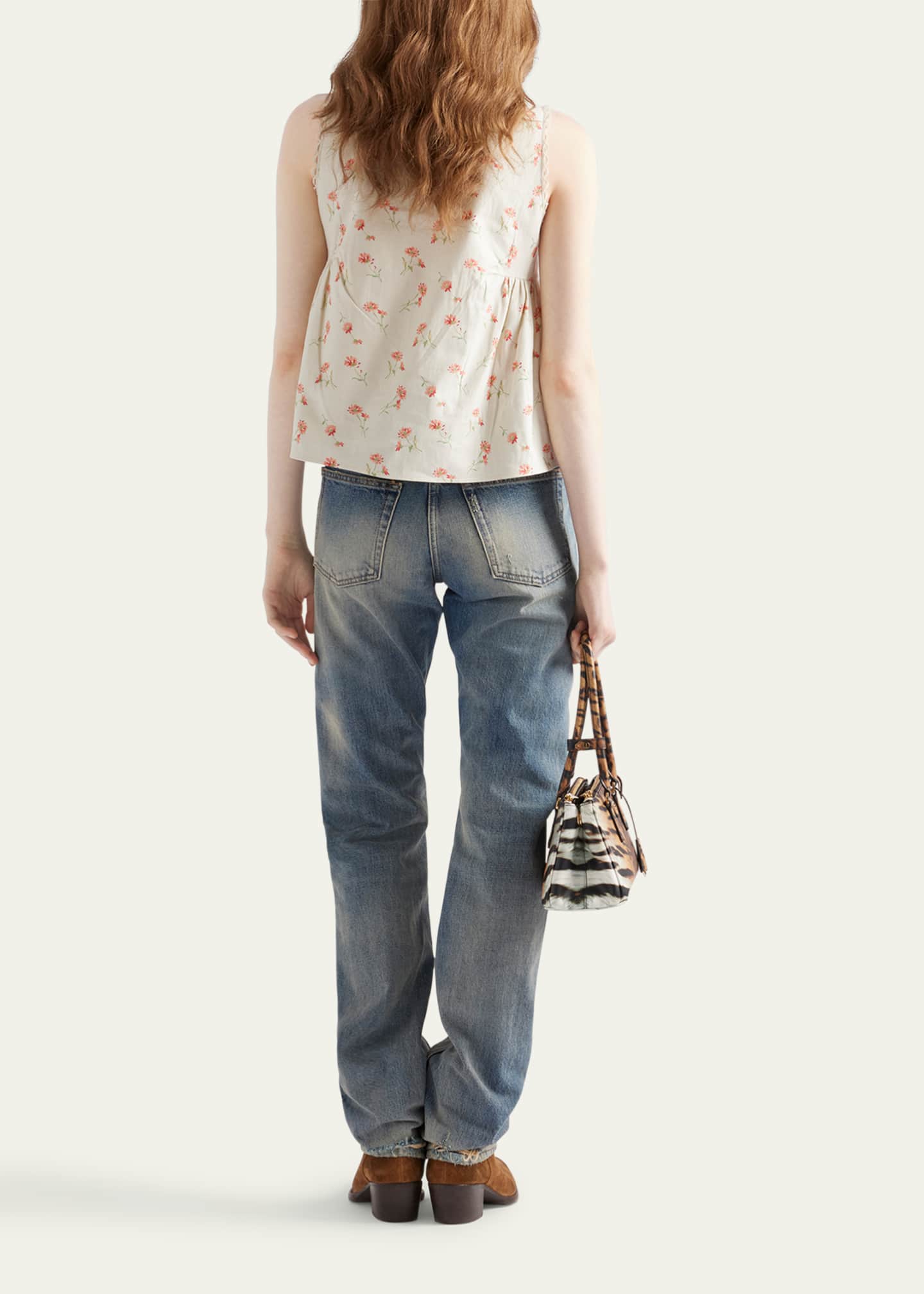 Lino Flower-Print Sleeveless Babydoll Top