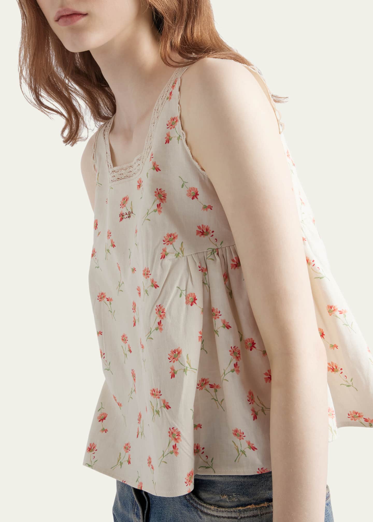 Lino Flower-Print Sleeveless Babydoll Top