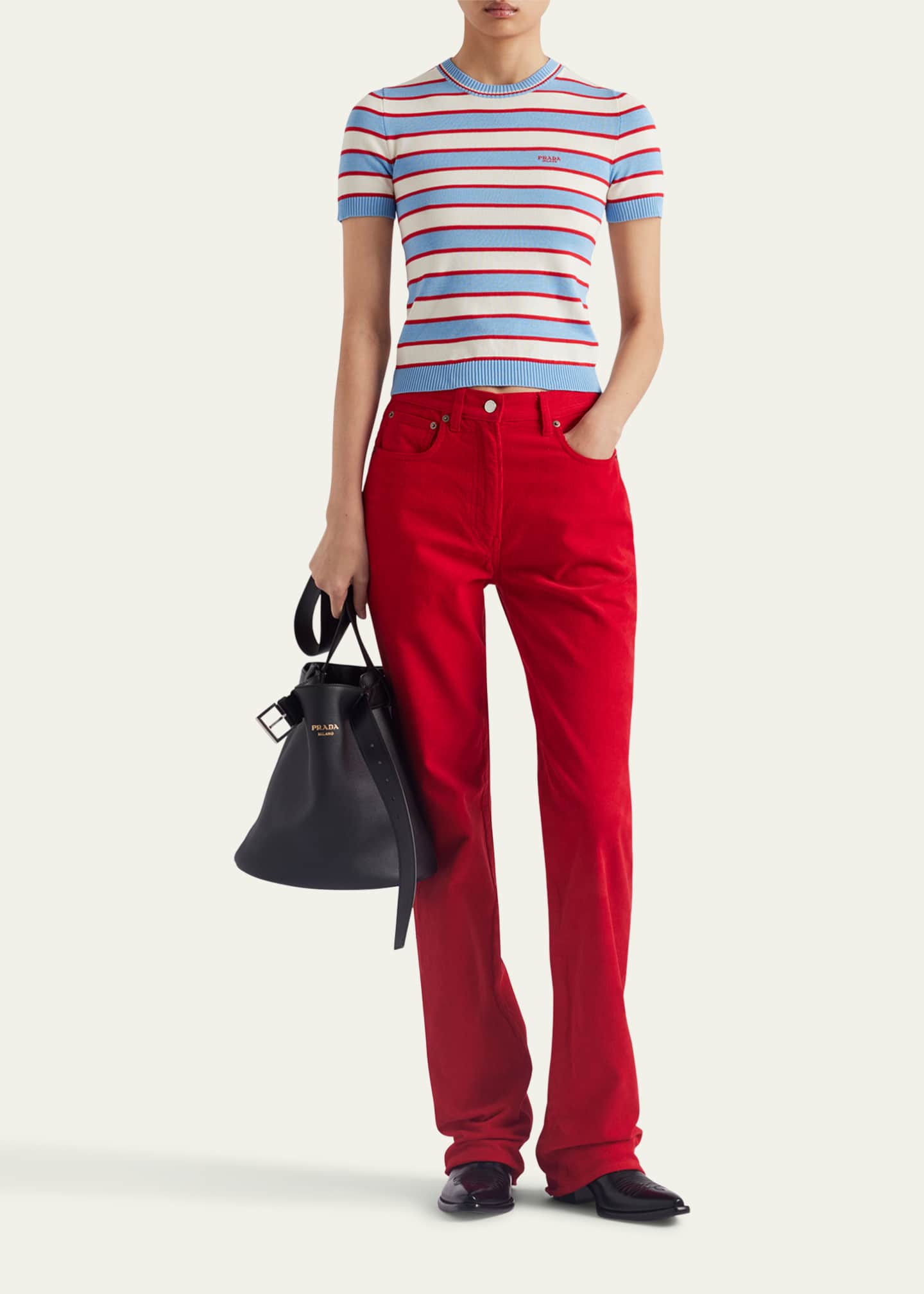 Prada Striped Short Sleeve Cotton Sweater Image 2 of 4