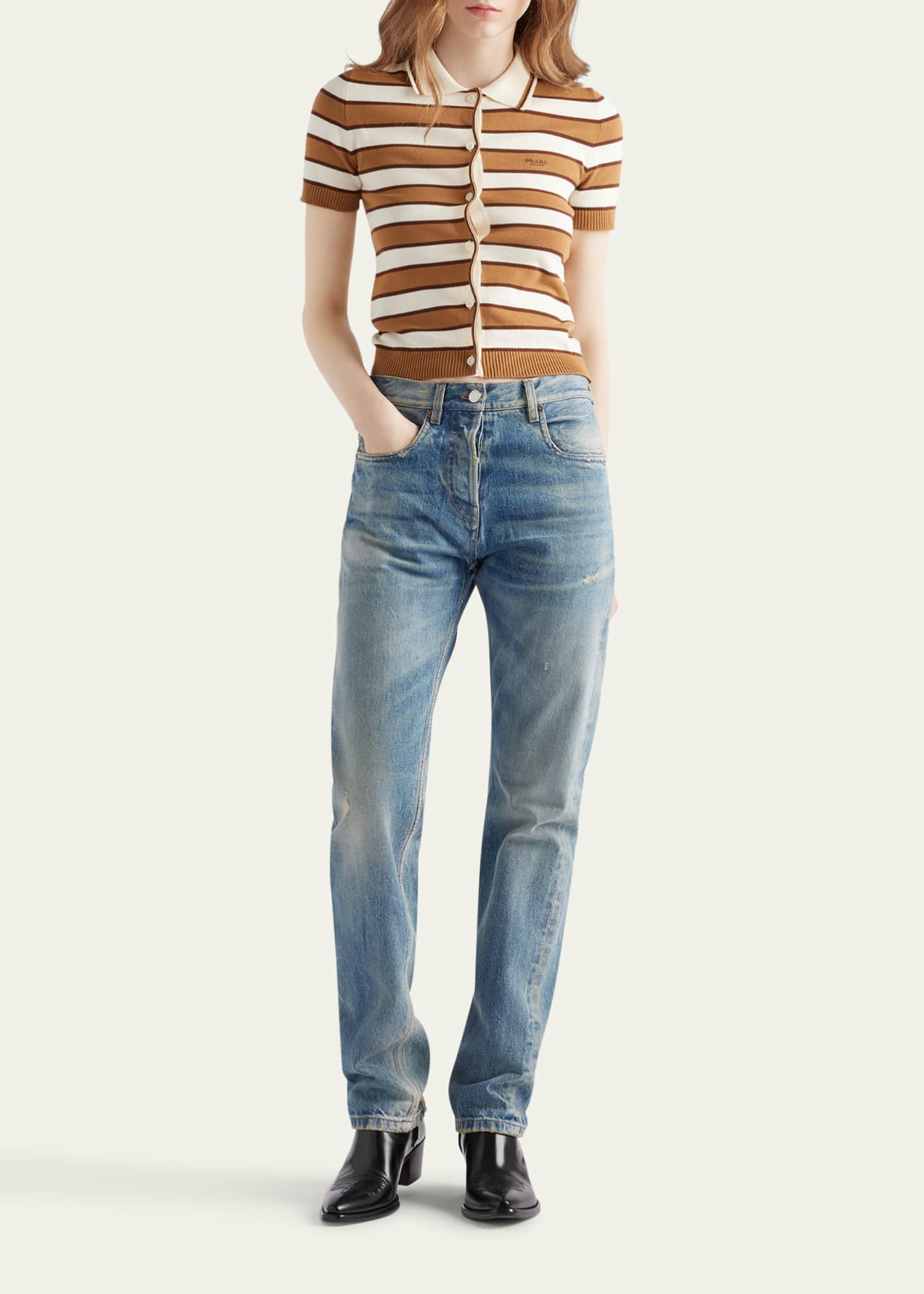 Prada Striped Short-Sleeve Polo Sweater Image 2 of 5