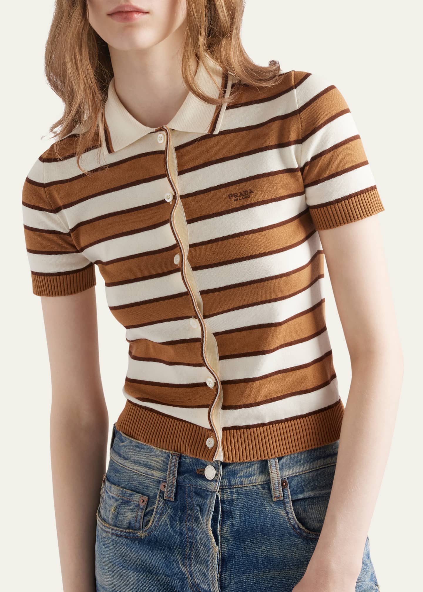 Prada Striped Short-Sleeve Polo Sweater Image 4 of 5