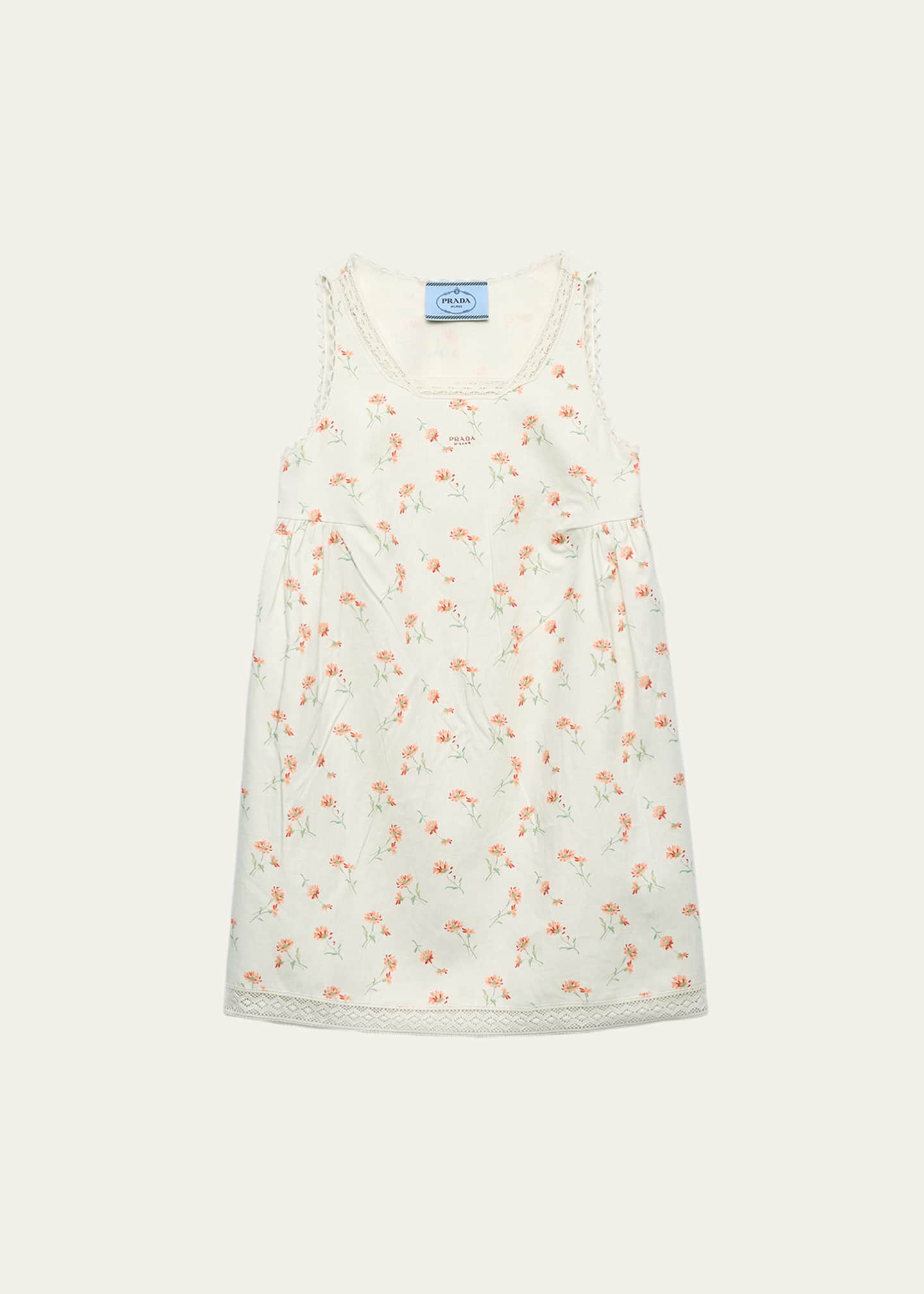 Prada Lino Flower-Print Sleeveless Mini Babydoll Dress Image 1 of 4