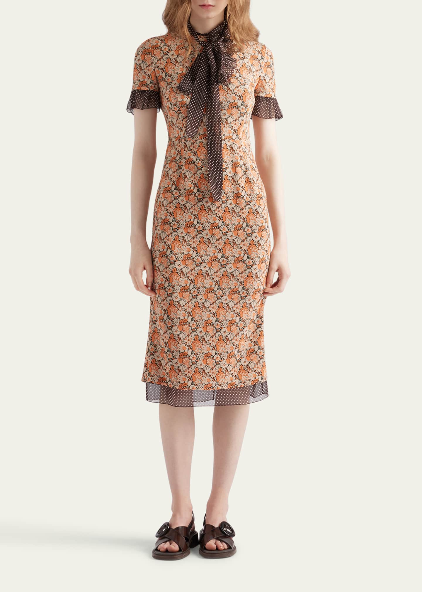 Prada Floral Georgette & Polka-Dot Chiffon Layered Midi Dress with Bow Image 2 of 4