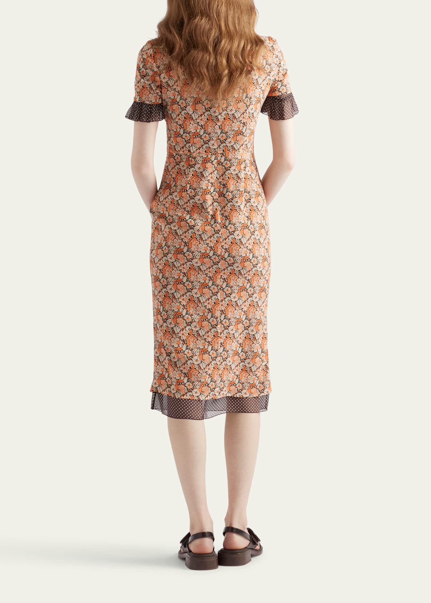 Prada Floral Georgette & Polka-Dot Chiffon Layered Midi Dress with Bow Image 3 of 4