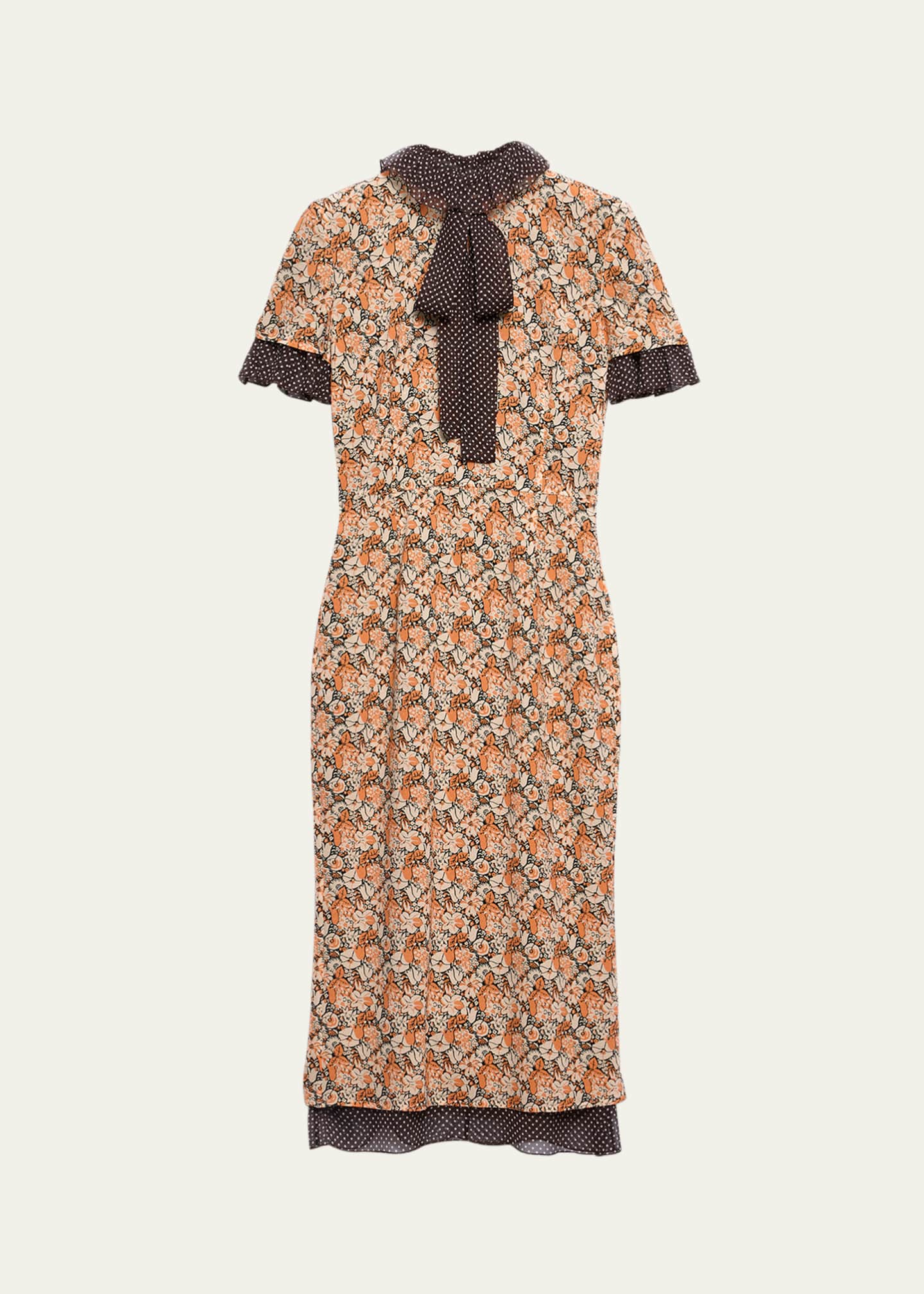 Prada Floral Georgette & Polka-Dot Chiffon Layered Midi Dress with Bow Image 1 of 4