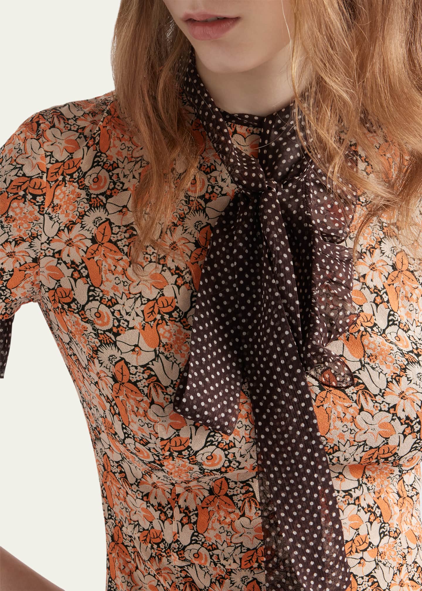 Prada Floral Georgette & Polka-Dot Chiffon Layered Midi Dress with Bow Image 4 of 4