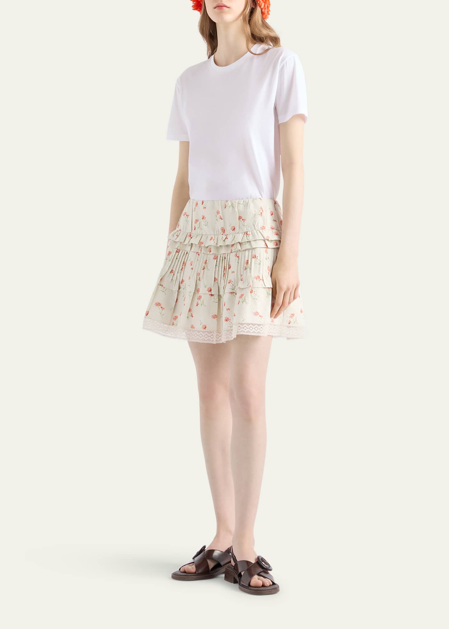 Prada Flower Print Tiered Ruffle Linen Mini Skirt Image 2 of 5