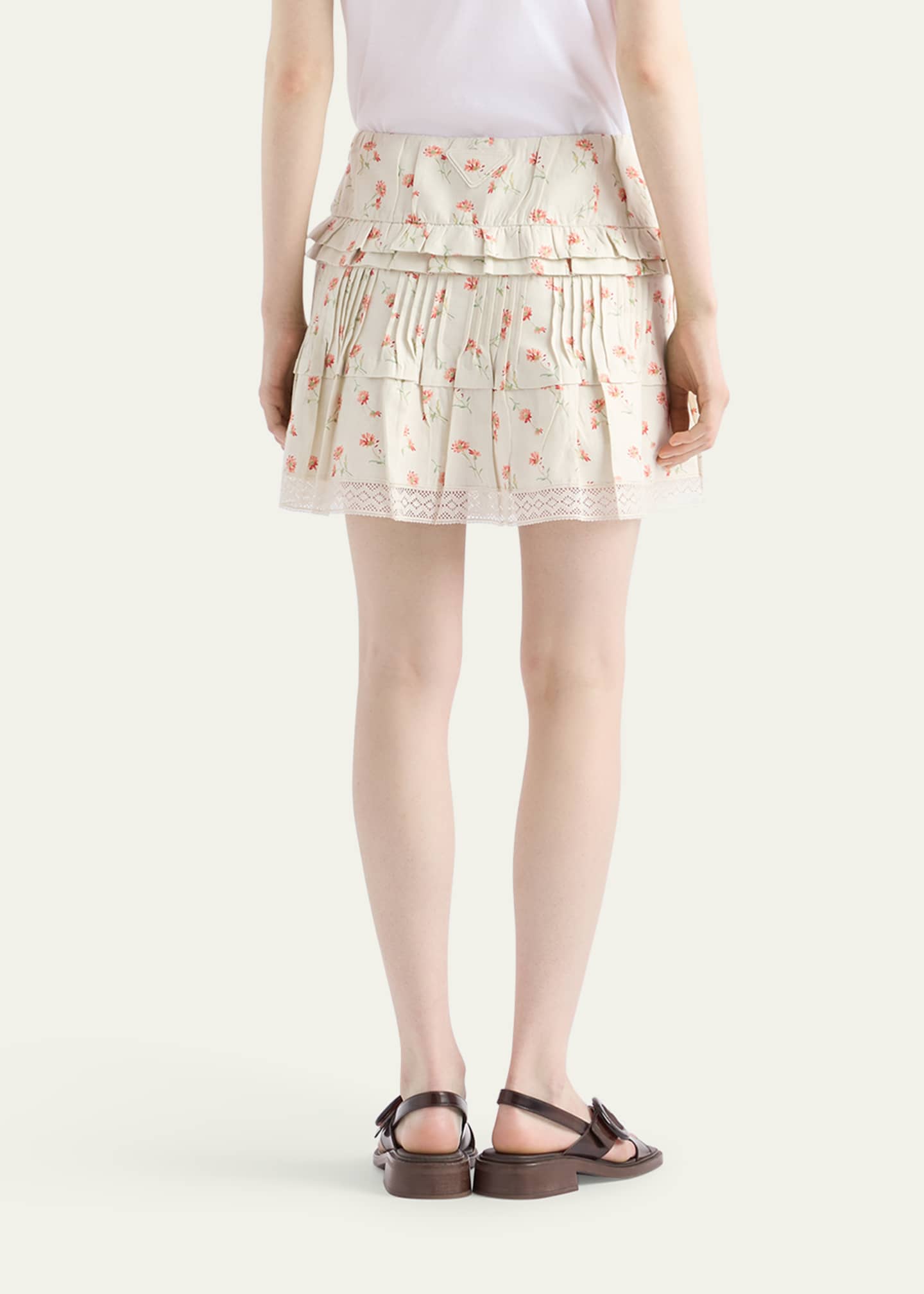 Prada Flower Print Tiered Ruffle Linen Mini Skirt Image 3 of 5