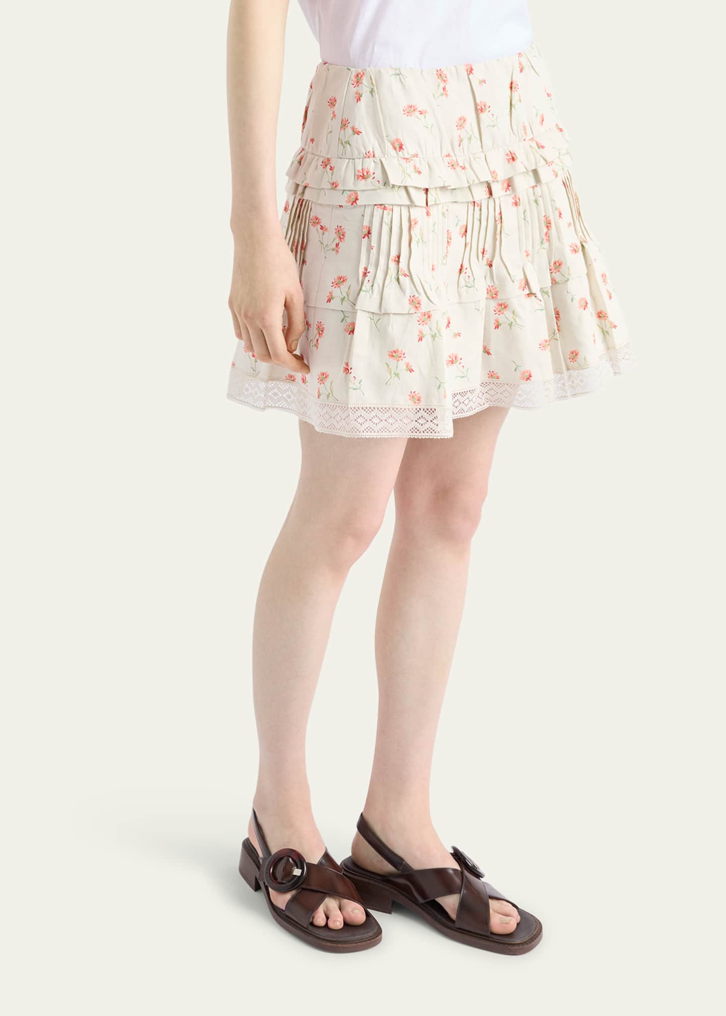 Prada Flower Print Tiered Ruffle Linen Mini Skirt Image 4 of 5
